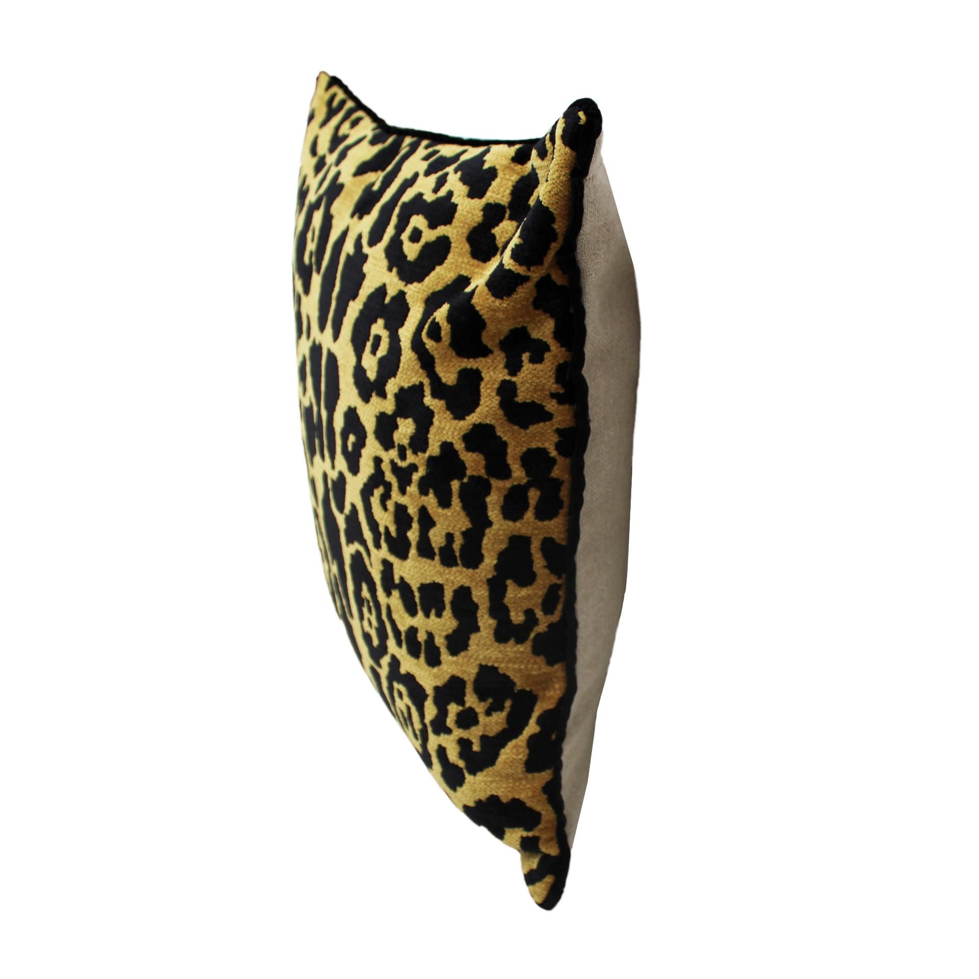 Mid-Century Modern Leopard Print Velvet Cushion in Cotton with Trim and Linen Back For Sale
