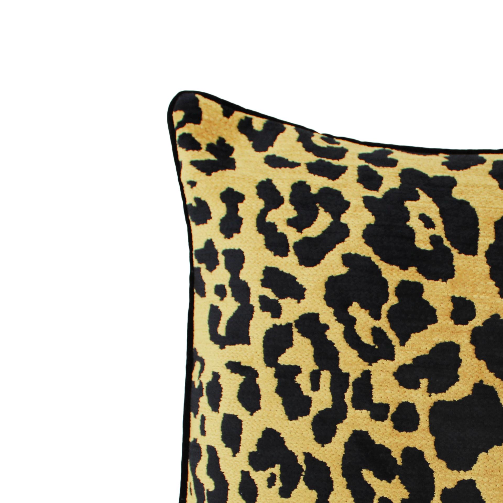 European Leopard Print Velvet Cushion in Cotton with Trim and Linen Back For Sale