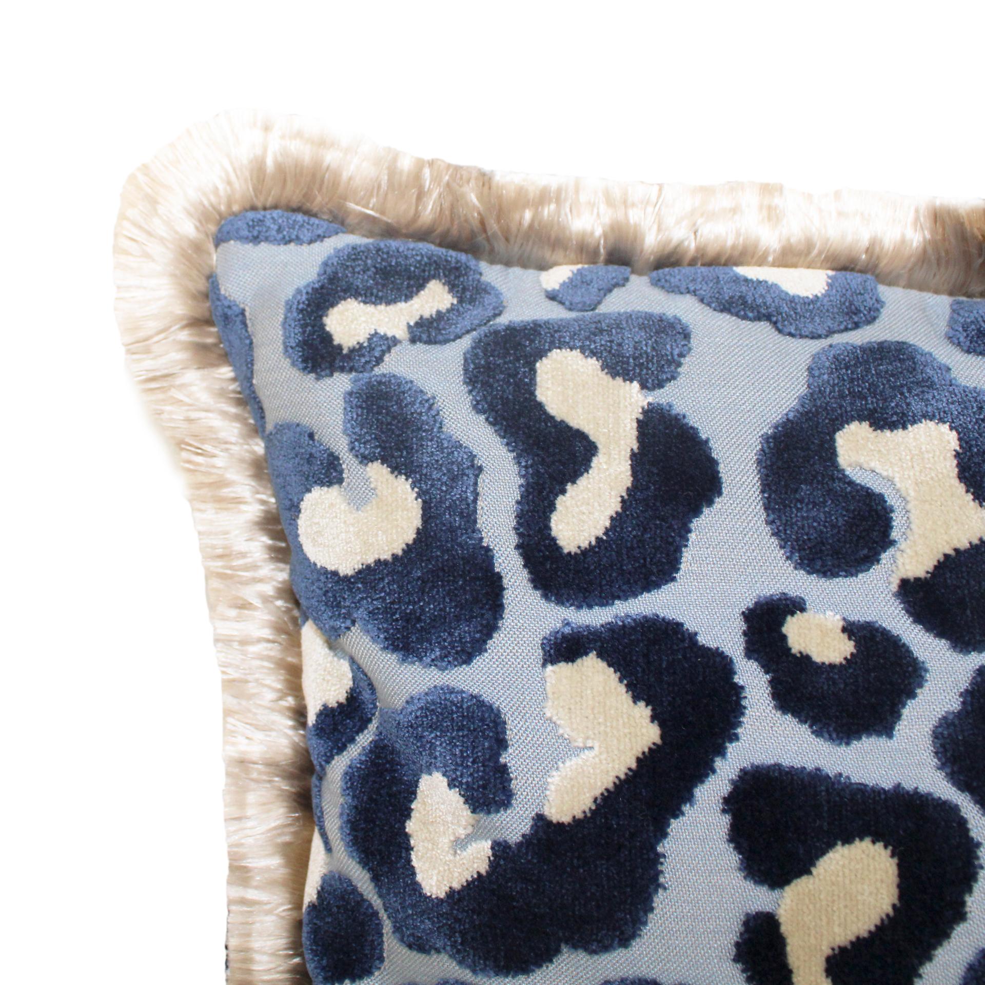 Spanish Leopard Print Velvet Cushion with Double Tinsel Trim and Linen Back, Spain, 2022