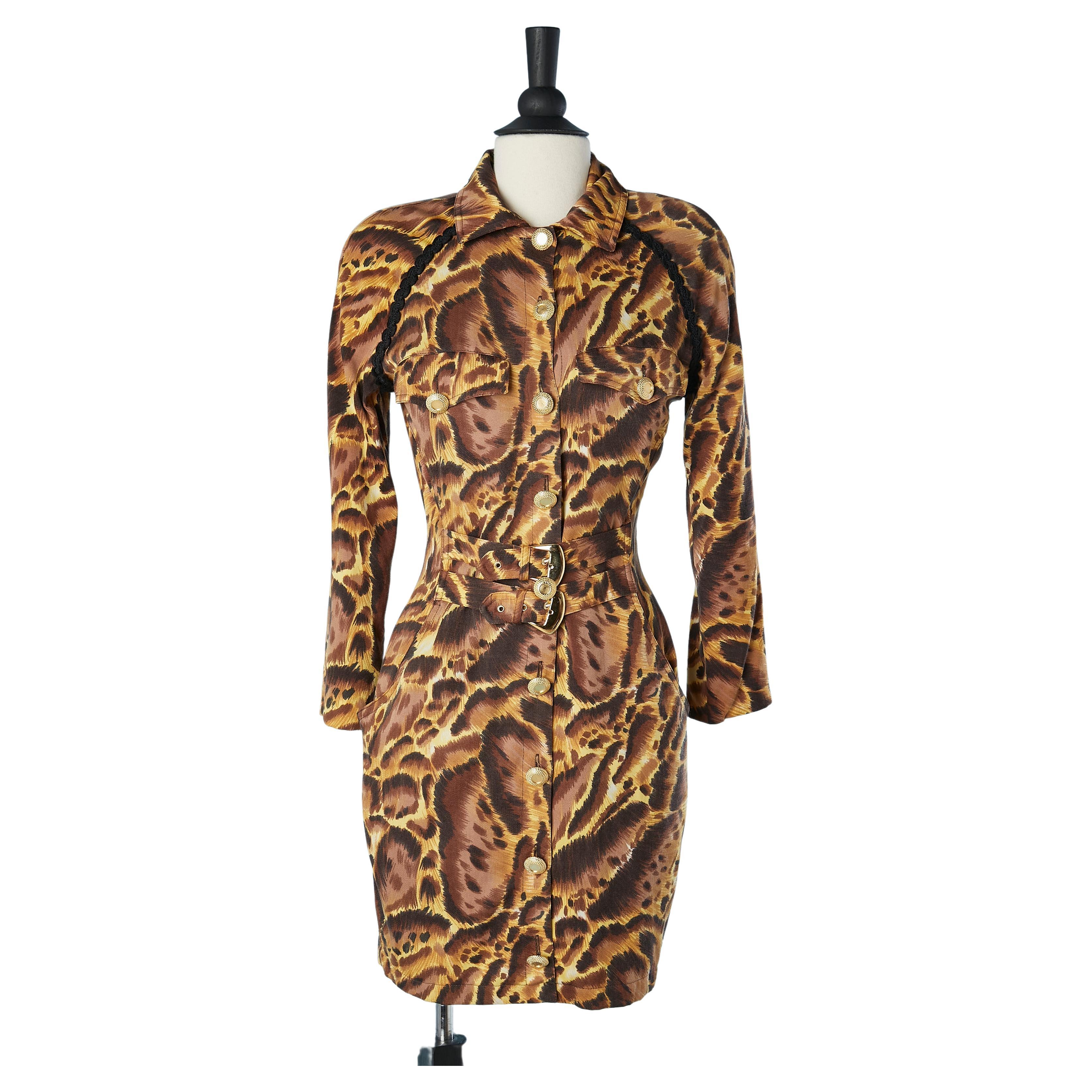 Leopard printed dress with gold button and buckles Versus Gianni Versace  For Sale at 1stDibs