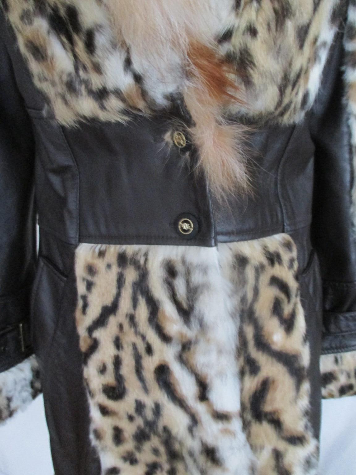 Gray Leopard Printed Fur Leather Coat 