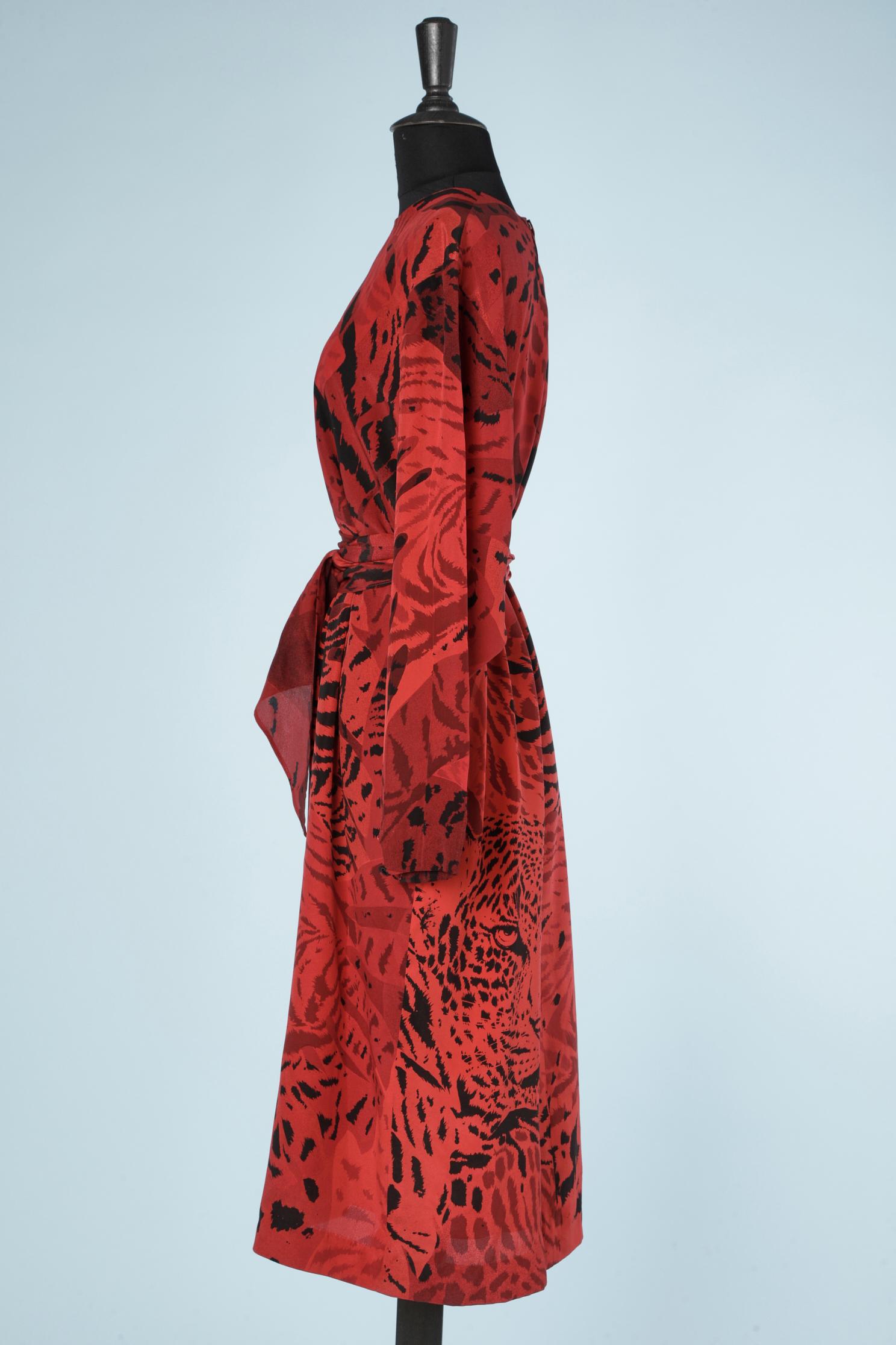 Red Leopard printed silk dress with belt Scherrer Boutique  For Sale