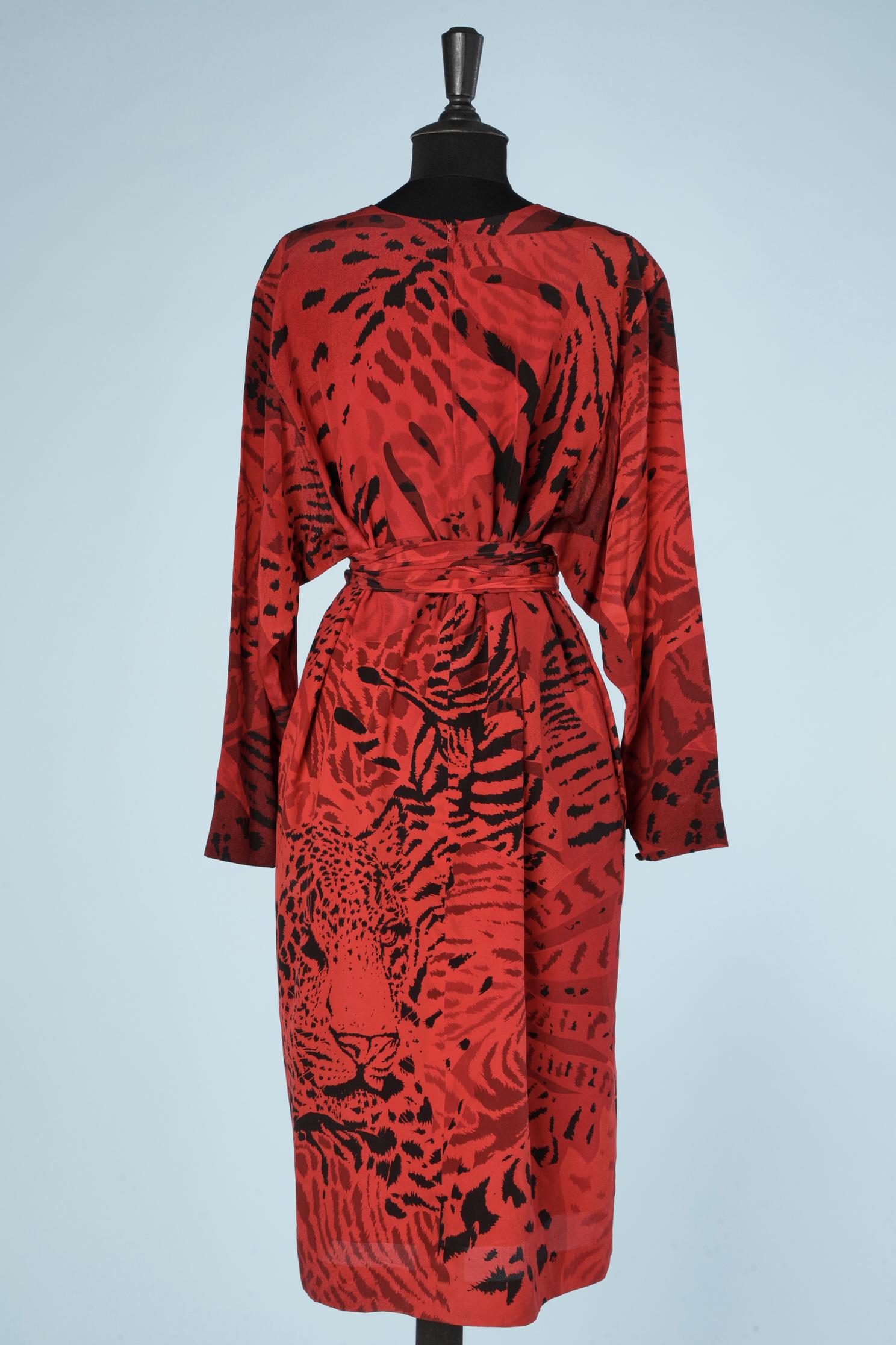 Leopard printed silk dress with belt Scherrer Boutique  In Excellent Condition For Sale In Saint-Ouen-Sur-Seine, FR