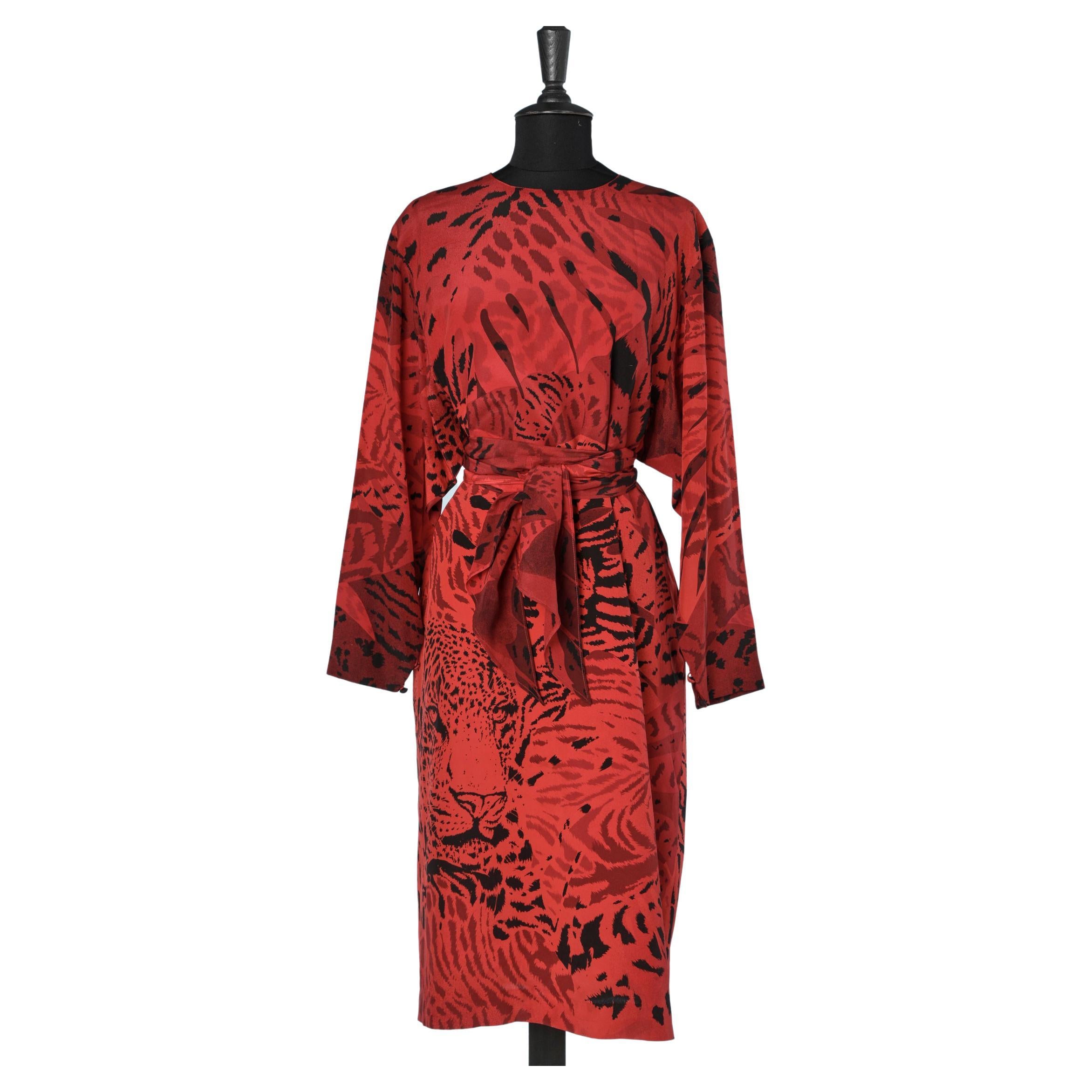 Leopard printed silk dress with belt Scherrer Boutique  For Sale