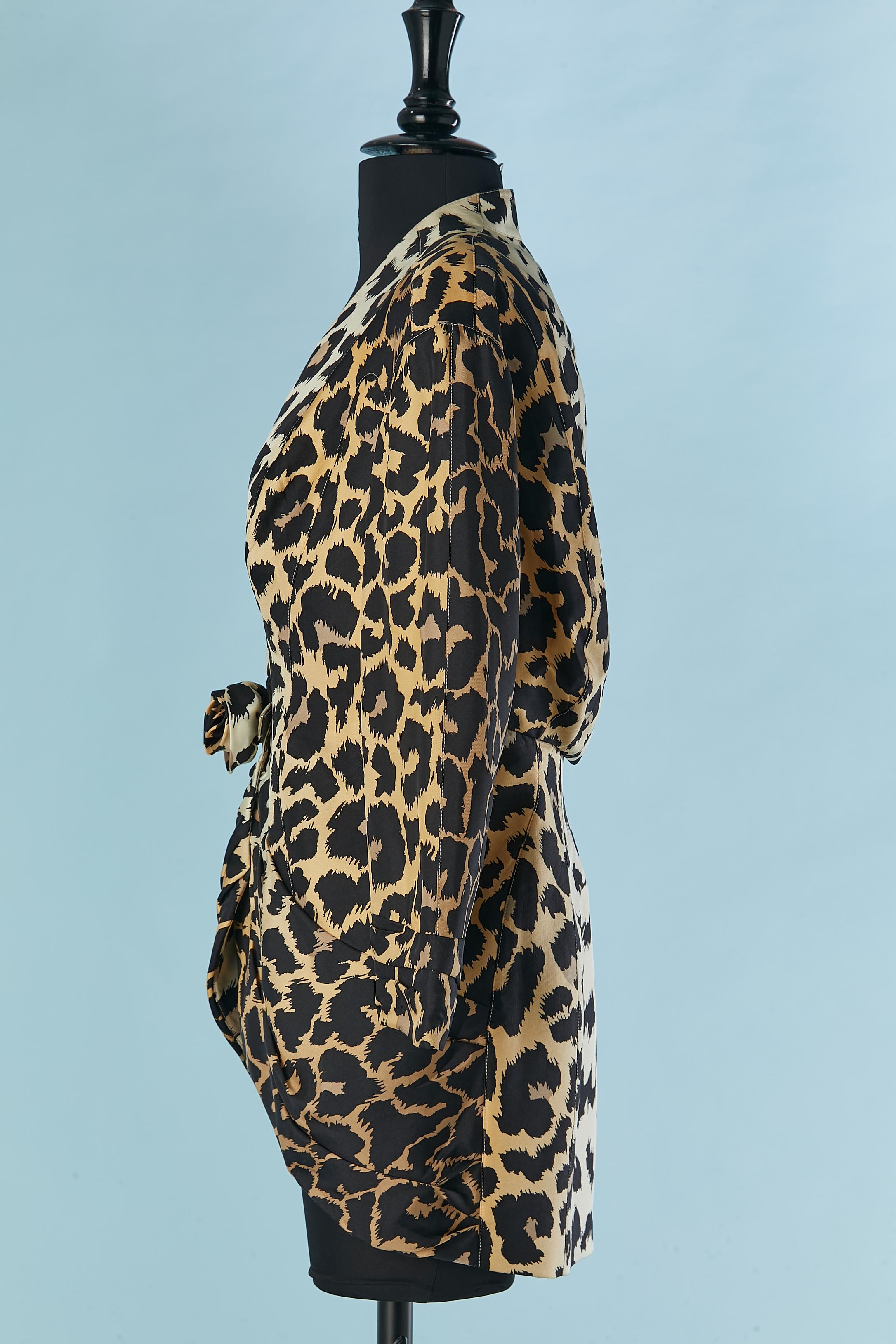 Leopard printed silk jacket with silk rose and draped waist Thierry Mugler  For Sale 1