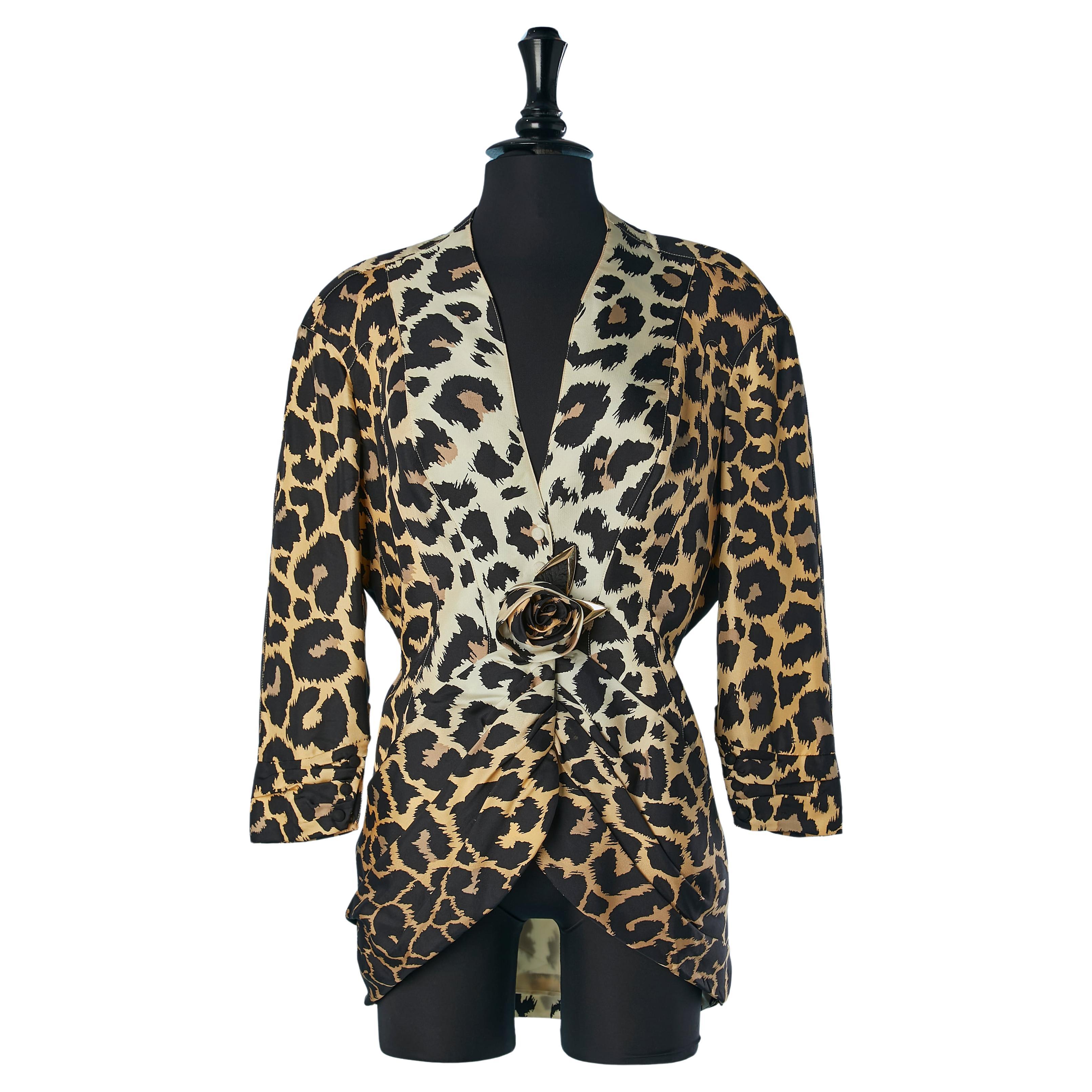 Leopard printed silk jacket with silk rose and draped waist Thierry Mugler  For Sale