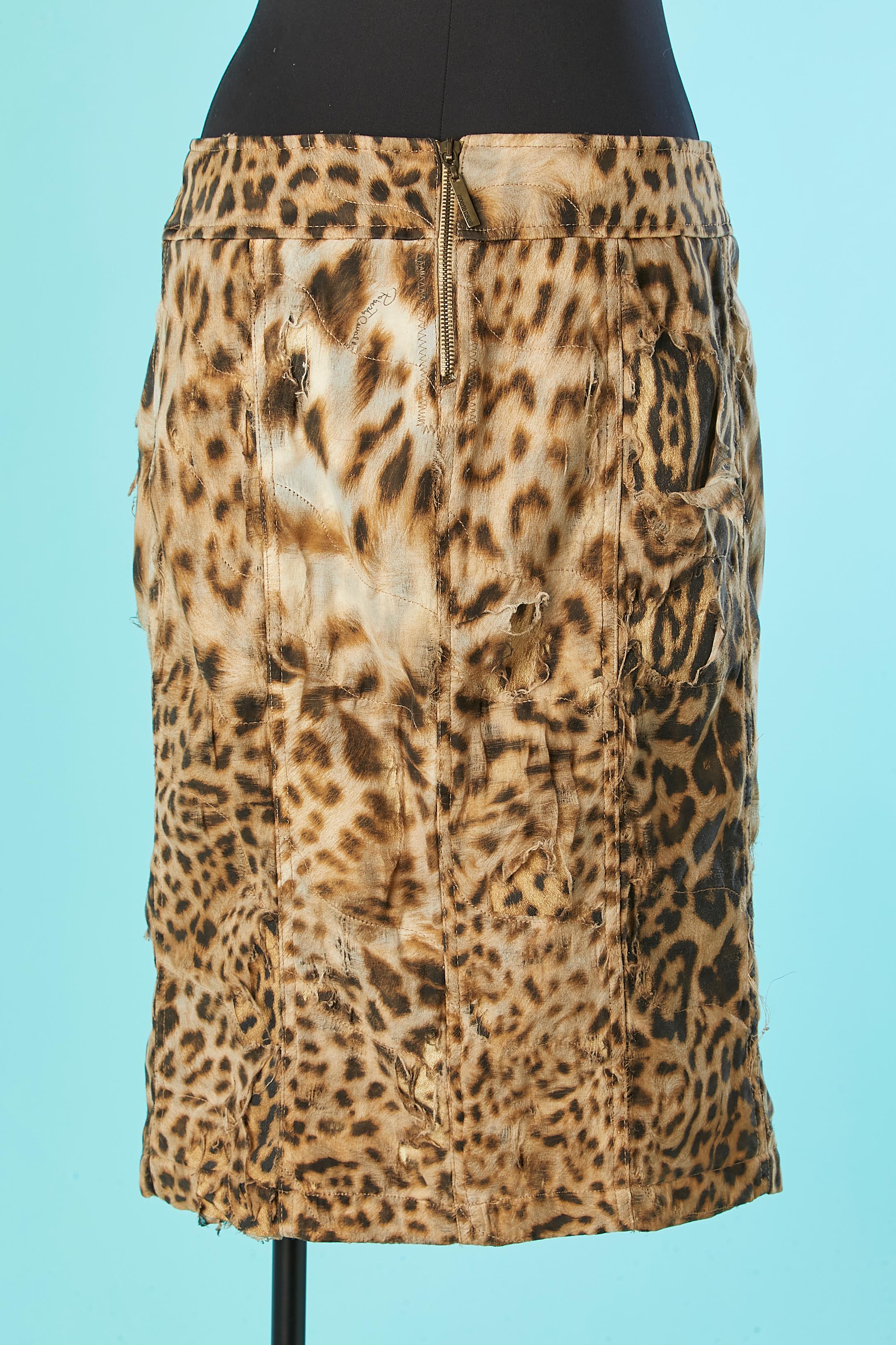 Women's Leopard printed skirt with ripped- off silk chiffon over-lays Roberto Cavalli  For Sale