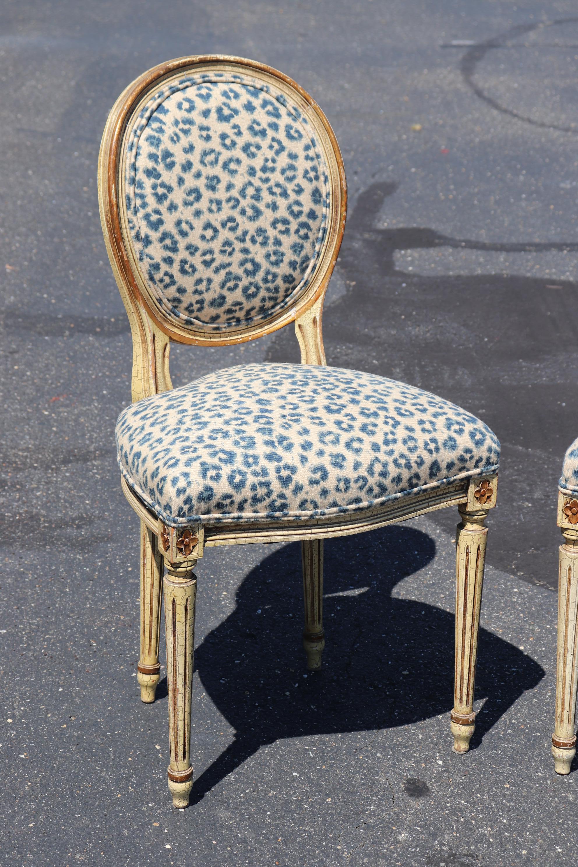 Mid-20th Century Leopard Printed Upholstery French Cameo Back Louis XVI Side Chairs
