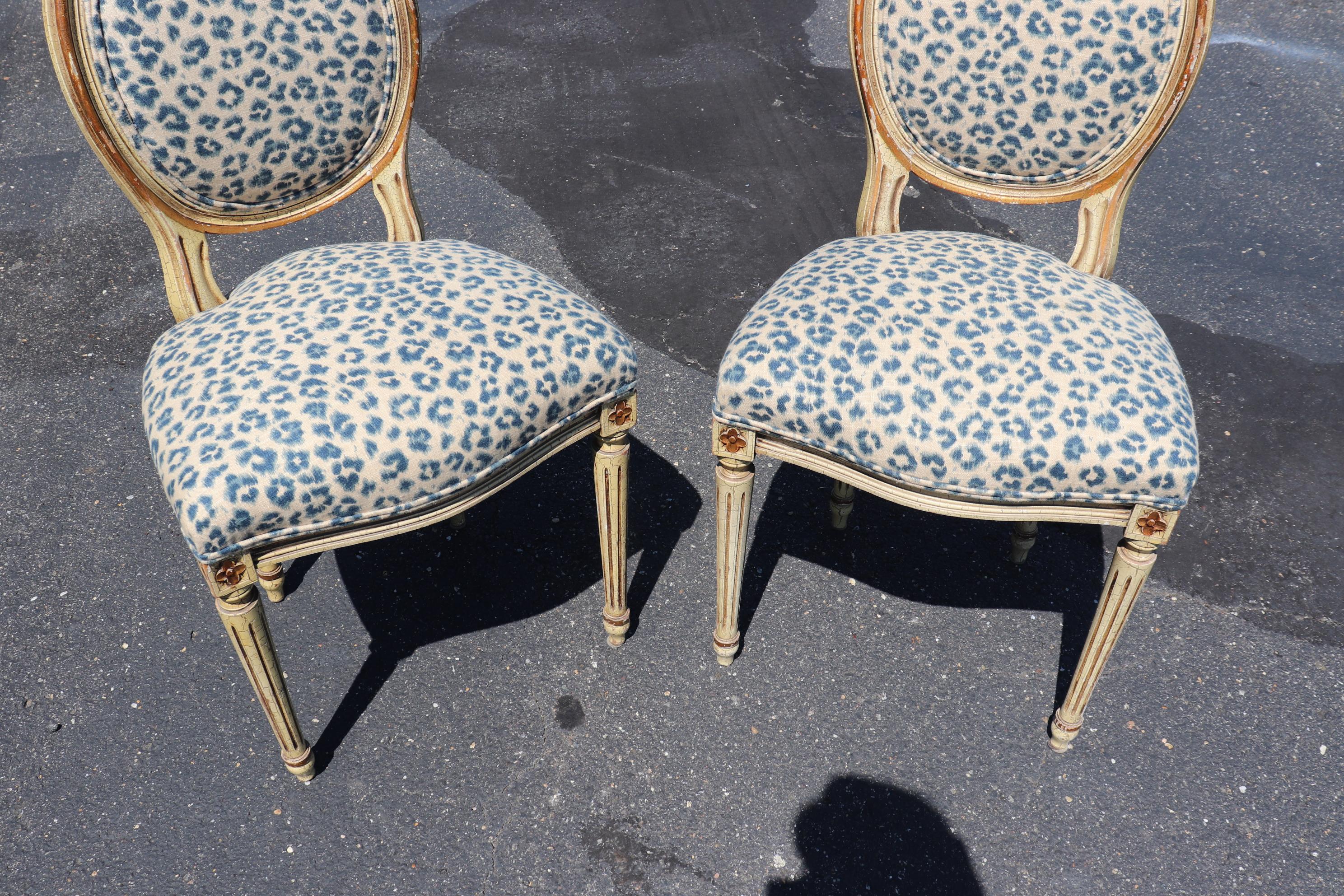 Walnut Leopard Printed Upholstery French Cameo Back Louis XVI Side Chairs