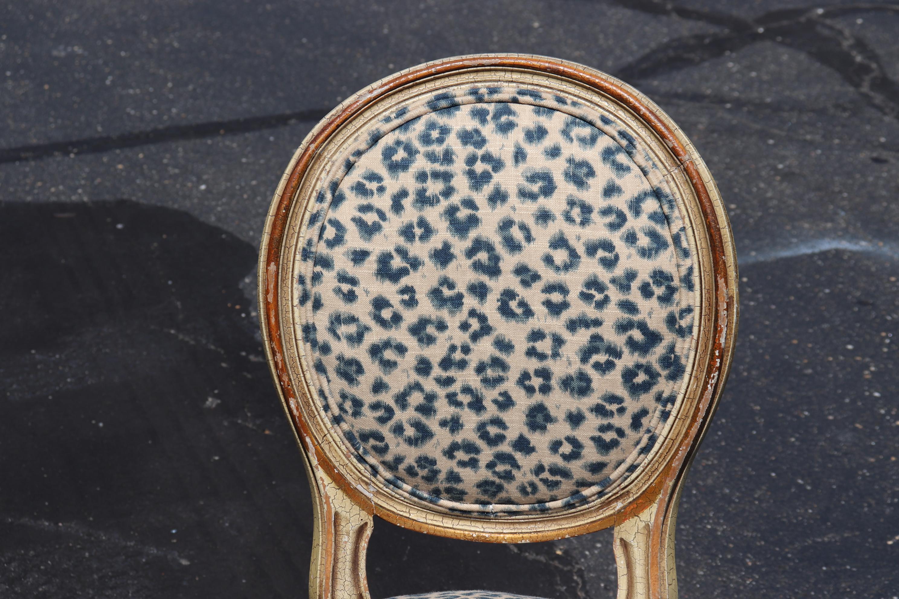 Leopard Printed Upholstery French Cameo Back Louis XVI Side Chairs 1