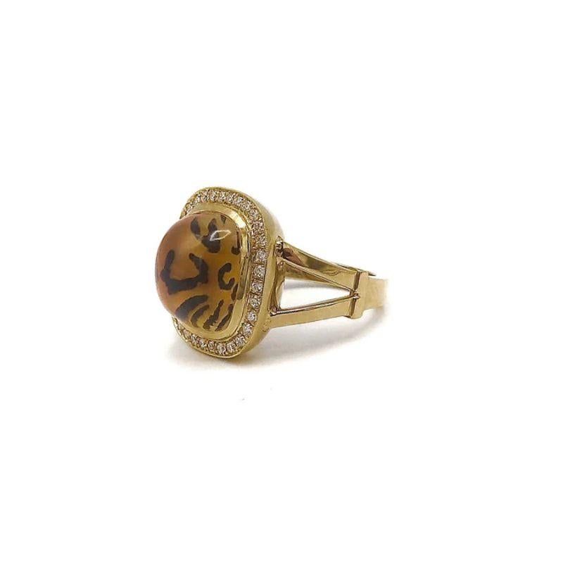 Contemporary Leopard Reverse Painted Citrine Cabochon Ring with Diamond Halo in 14K Gold For Sale