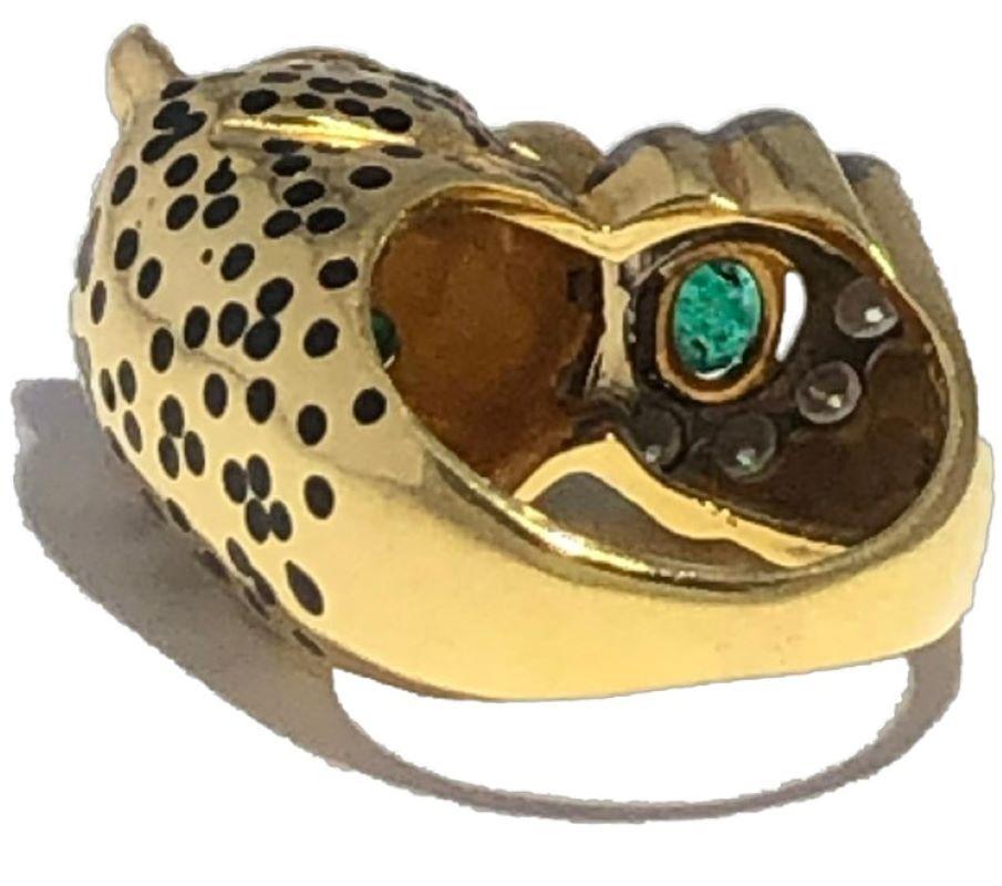 Emerald Cut Leopard Ring by Emis Beros in Yellow Gold, Platinum, Diamond, Emerald and Enamel