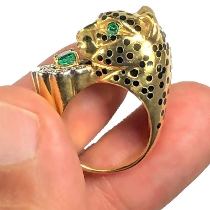 Women's Leopard Ring by Emis Beros in Yellow Gold, Platinum, Diamond, Emerald and Enamel
