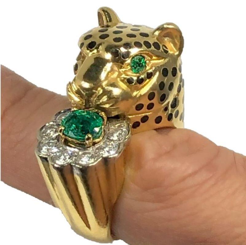 Leopard Ring by Emis Beros in Yellow Gold, Platinum, Diamond, Emerald and Enamel 1
