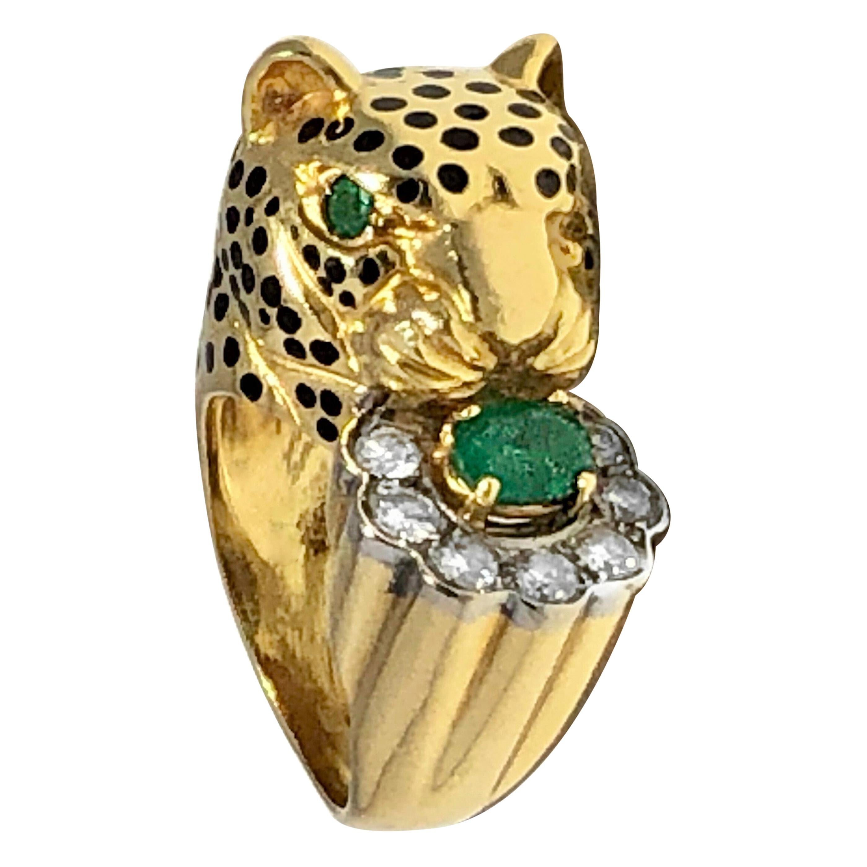 Leopard Ring by Emis Beros in Yellow Gold, Platinum, Diamond, Emerald and Enamel
