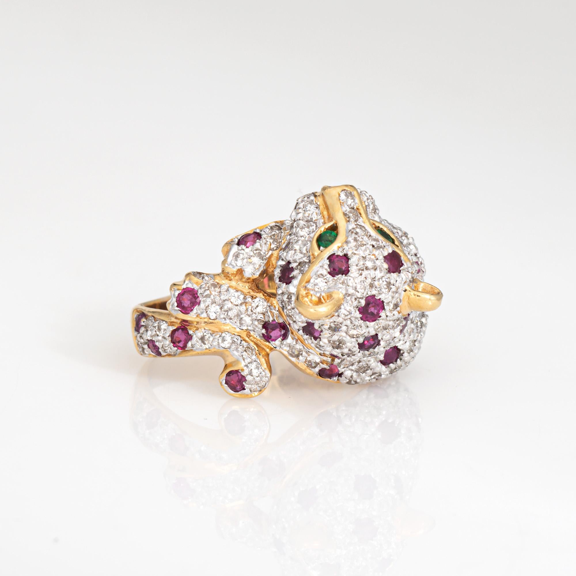 Modern Leopard Ring Sz 7 Vintage 18k Yellow Gold Diamond Ruby Emerald Eyes Animal For Sale