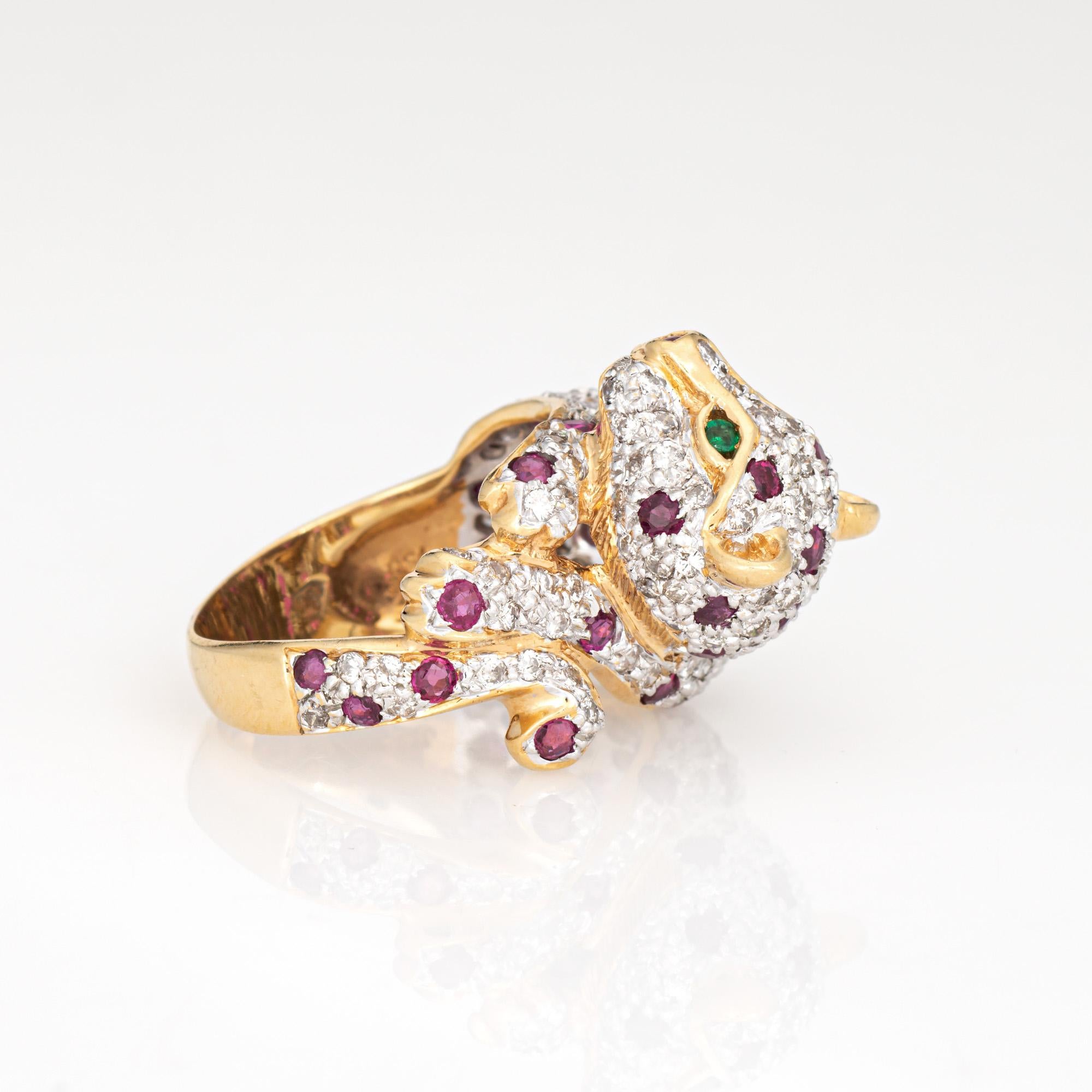 Round Cut Leopard Ring Sz 7 Vintage 18k Yellow Gold Diamond Ruby Emerald Eyes Animal For Sale