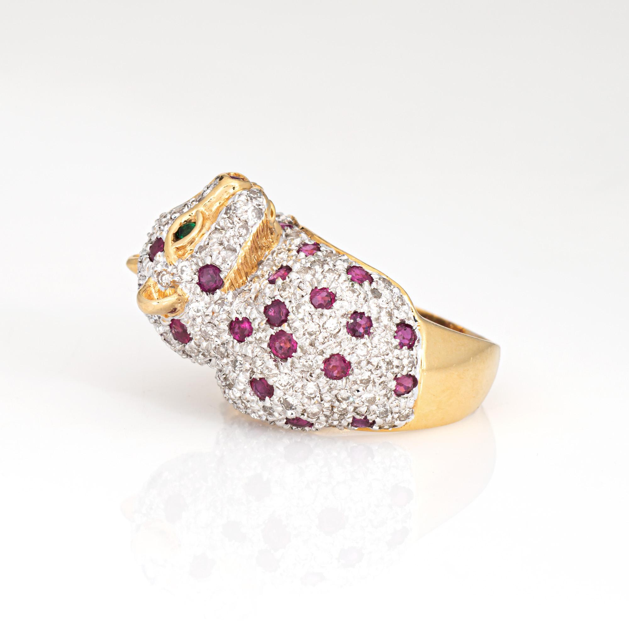 Leopard Ring Sz 7 Vintage 18k Yellow Gold Diamond Ruby Emerald Eyes Animal In Good Condition For Sale In Torrance, CA