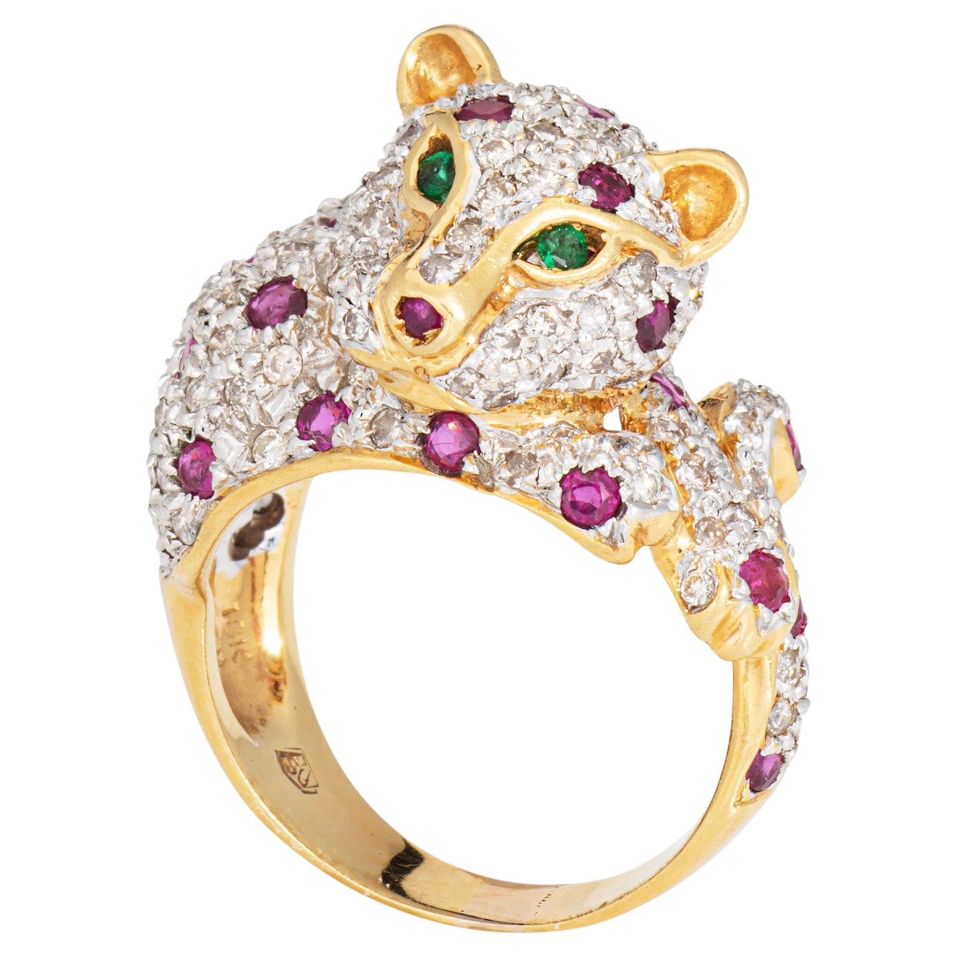 Leopard Ring Sz 7 Vintage 18k Yellow Gold Diamond Ruby Emerald Eyes Animal For Sale