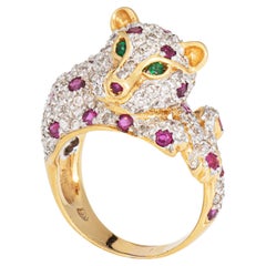 Leopard Ring Sz 7 Vintage 18k Yellow Gold Diamond Ruby Emerald Eyes Animal