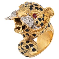 Leopard Ring Vintage 18k Yellow Gold Diamond Ruby Eyes Black Enamel Animal 4.5