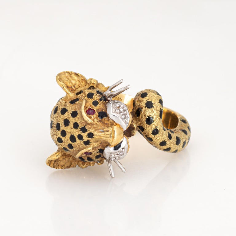Bague Vintage Or 18 Carats - Tête De Léopard Avec Rubis Naturel - Style Art Déco - Taille 57