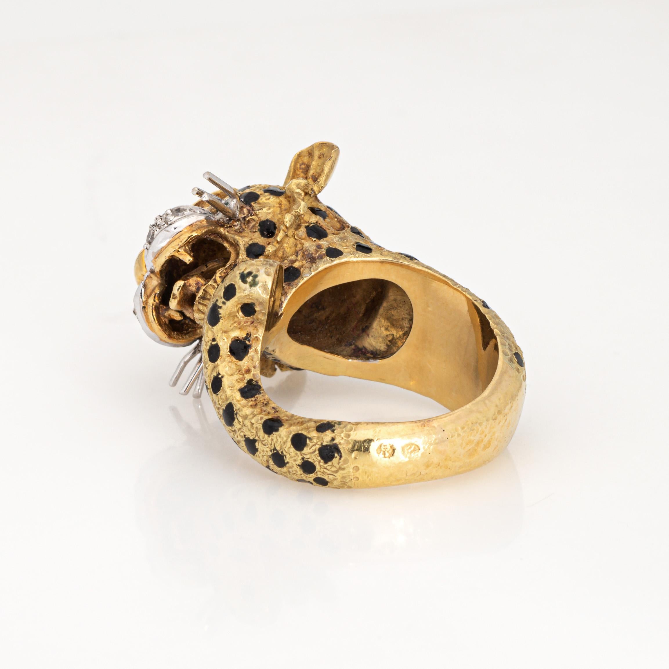 Women's Leopard Ring Vintage 18k Yellow Gold Diamond Ruby Eyes Black Enamel Animal 5.75 For Sale