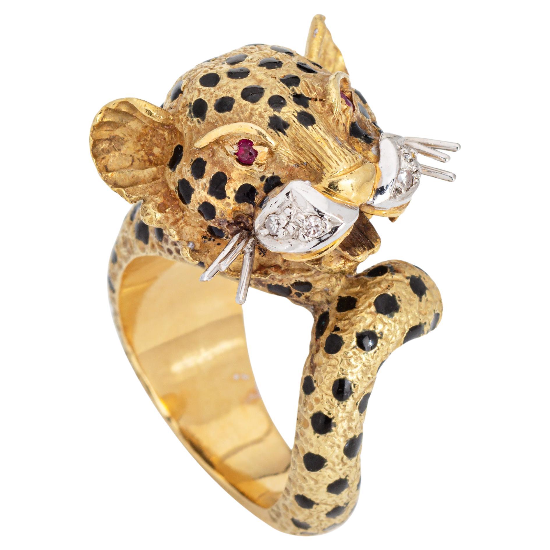 Leopard Ring Vintage 18k Yellow Gold Diamond Ruby Eyes Black Enamel Animal 5.75 For Sale