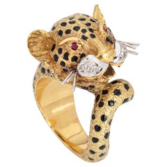Leopardenring Vintage 18k Gelbgold Diamant Rubin Augen Schwarz Emaille Tier 5,75