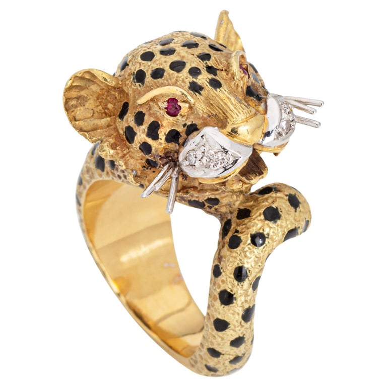 Bague Vintage Or 18 Carats - Tête De Léopard Avec Rubis, Taille 57, Occasion