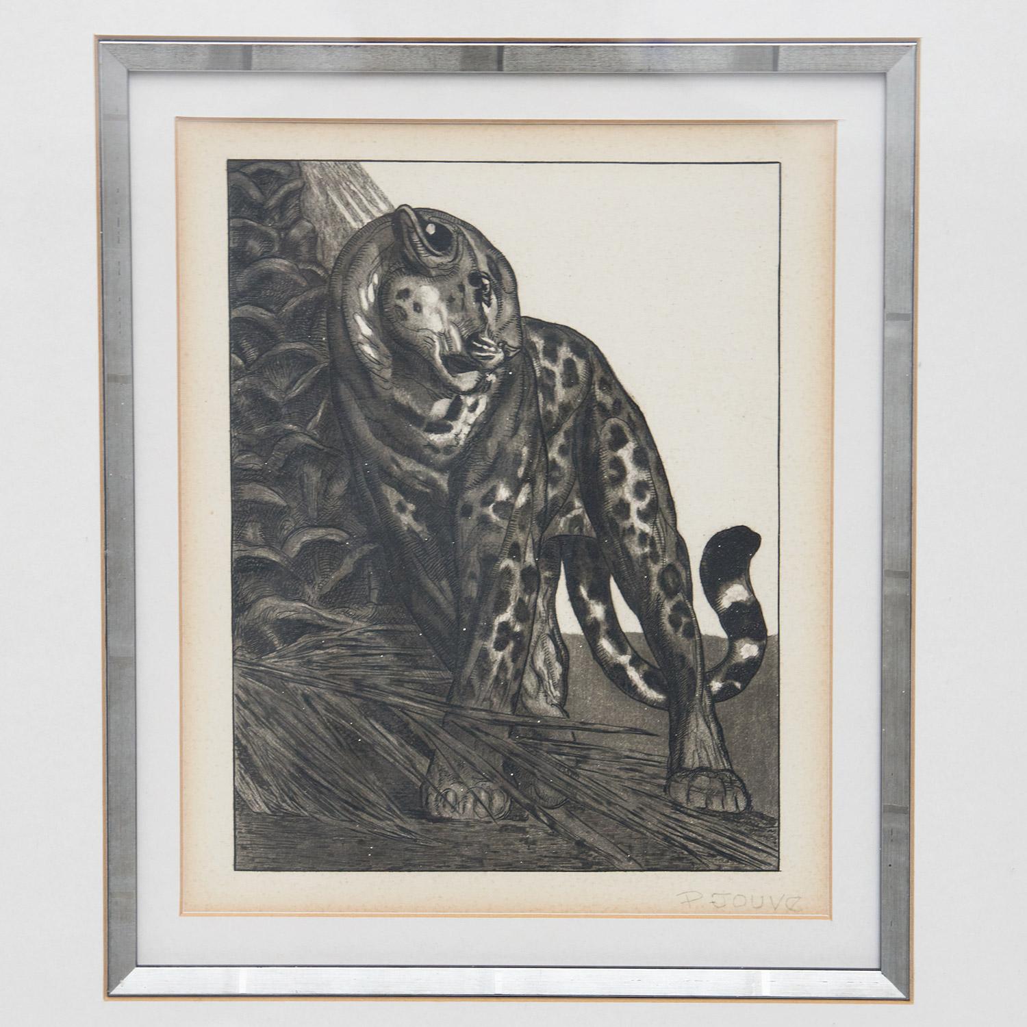 An etching on paper of a Leopard rubbing against a tree by Pierre-Paul Jouve (1878-1973). Signed 'P Jouve'

Paul Jouve was considered as one of the most famous animal painters of first half of the 20th century and an iconic figure of the Art Deco
