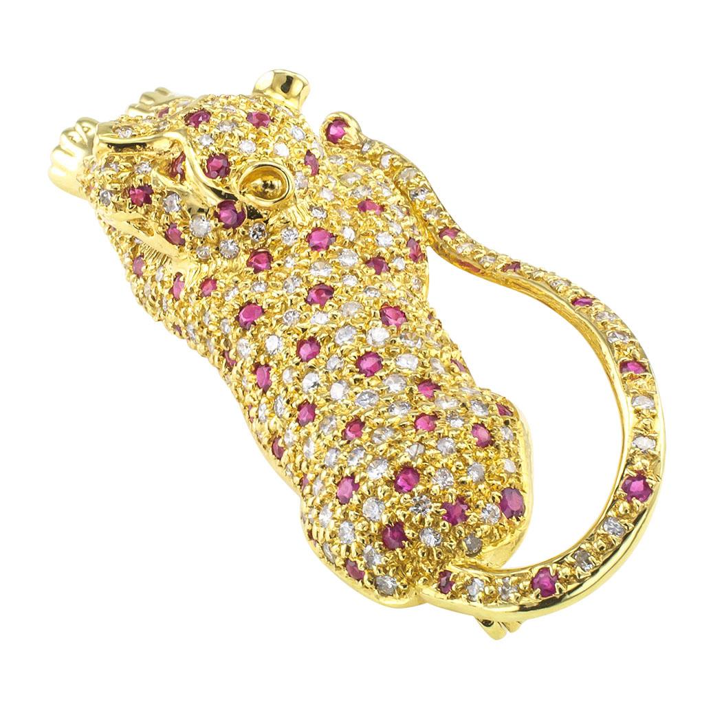 Contemporary Leopard Ruby Diamond Gold Brooch