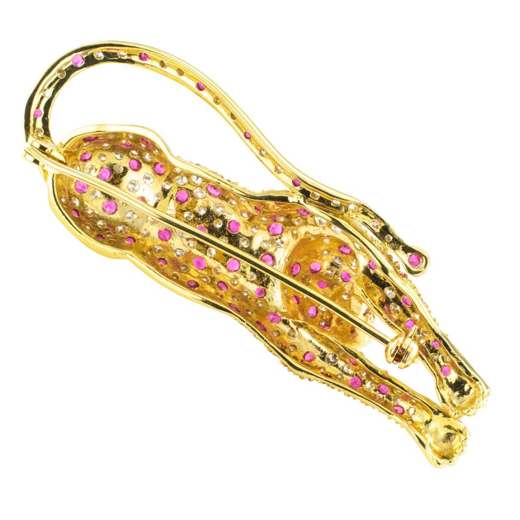 Round Cut Leopard Ruby Diamond Gold Brooch