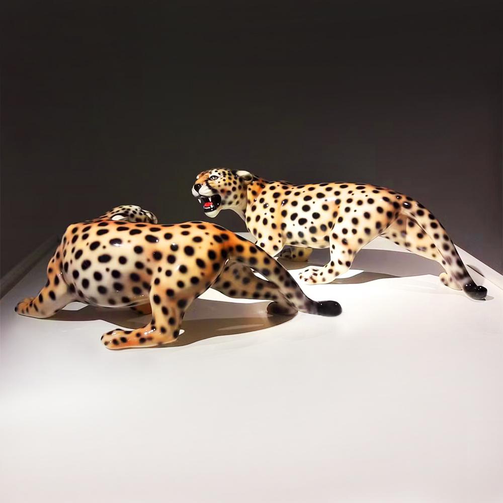 Ceramic Leopard Set of 2 Sculpture For Sale