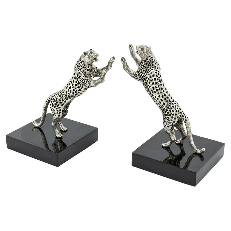 Leopard Set of Two Bookend in Silver Plated Brass