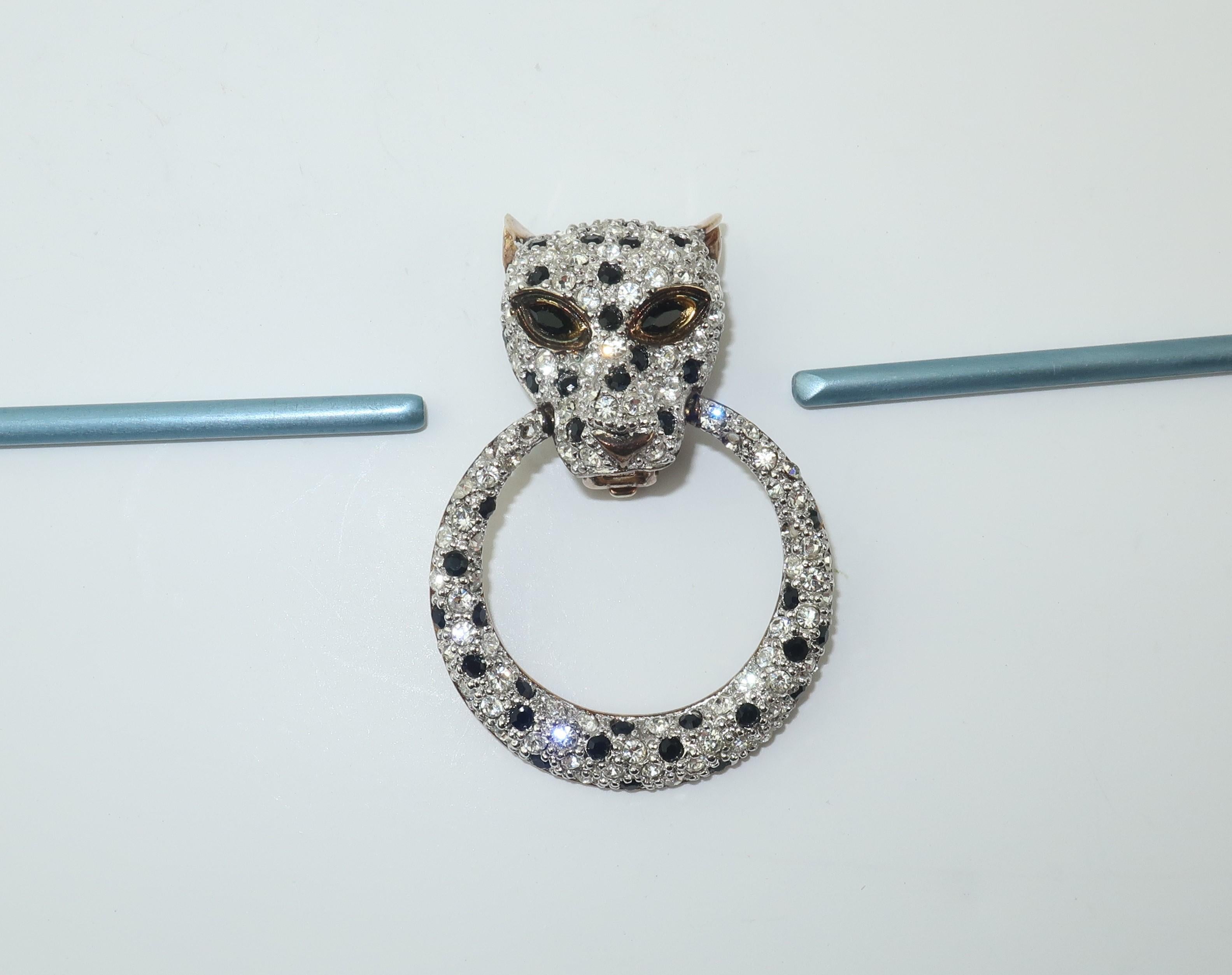 Leopard Sterling Vermeil Rhinestone Door Knocker Earrings, C.1980 6