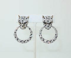 Leopard Sterling Vermeil Rhinestone Door Knocker Earrings, C.1980