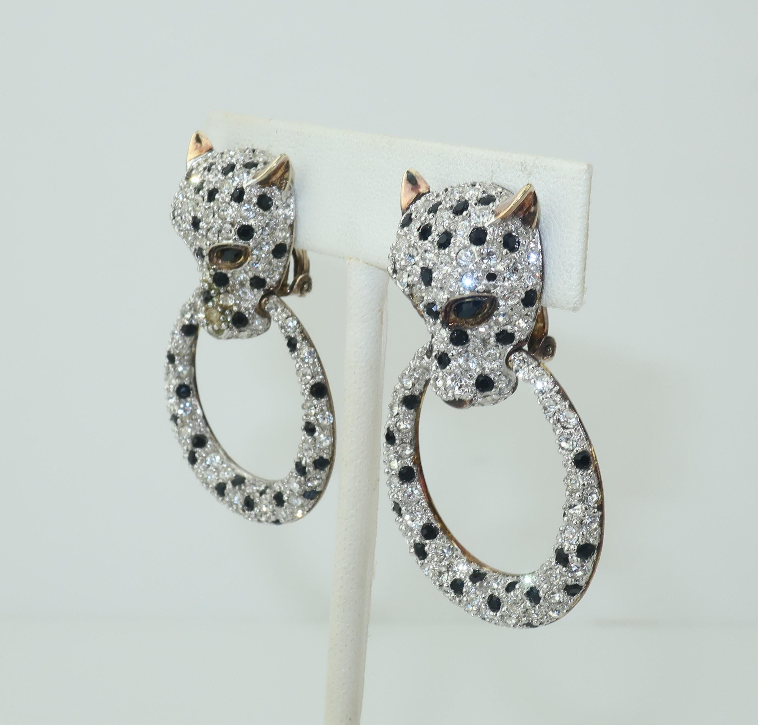 Art Deco Leopard Sterling Vermeil Rhinestone Door Knocker Earrings, C.1980