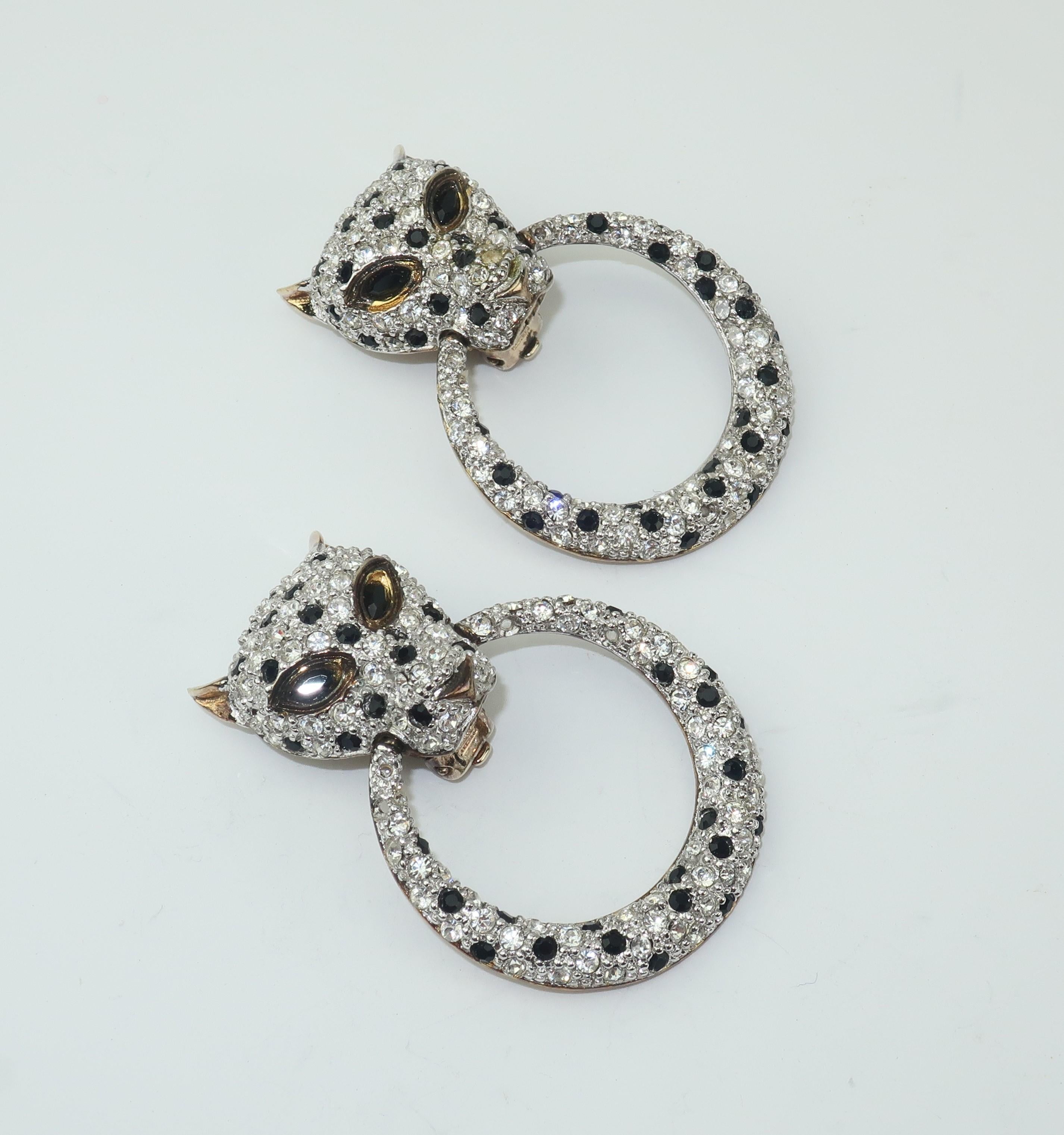 Women's or Men's Leopard Sterling Vermeil Rhinestone Door Knocker Earrings, C.1980