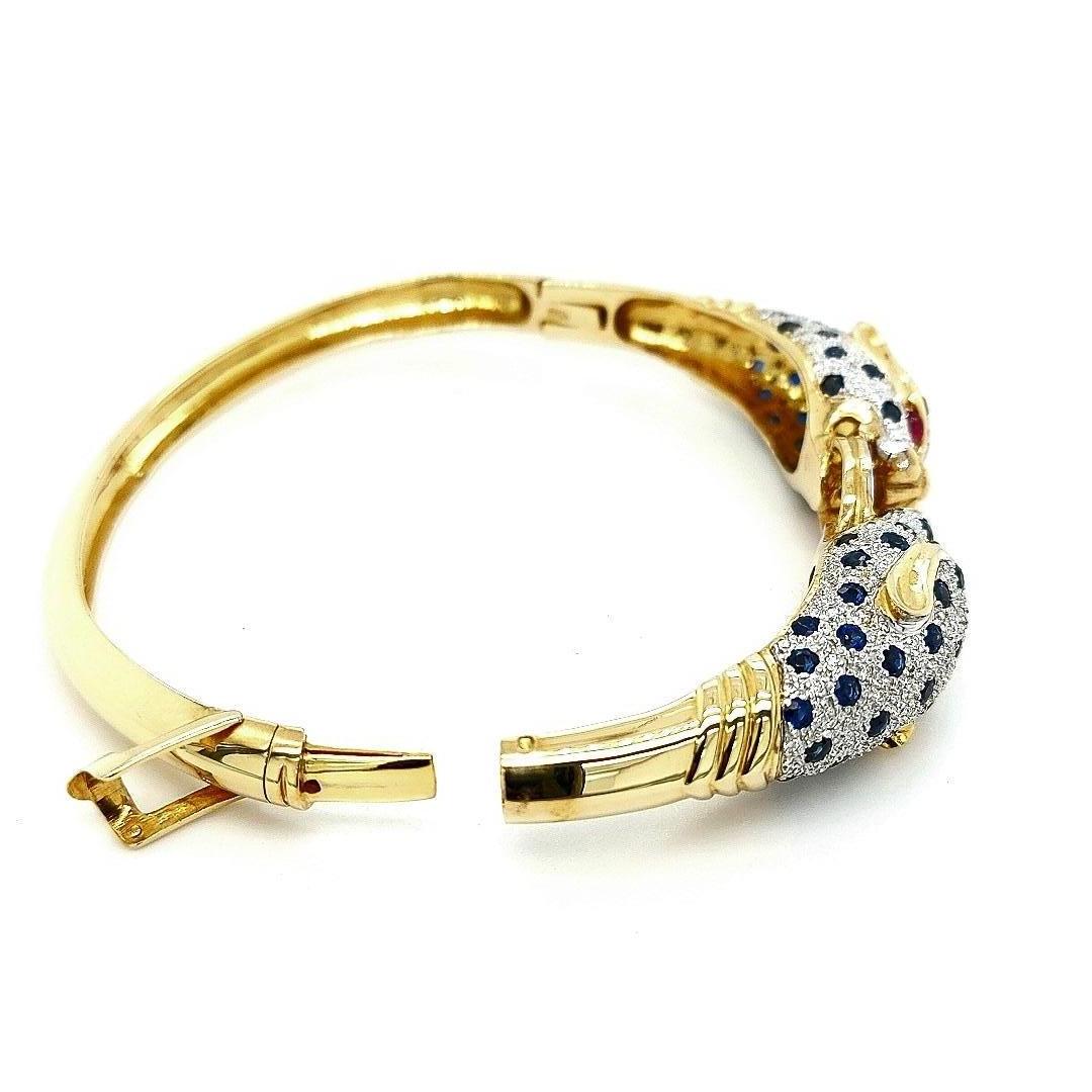 18kt Yellow Gold Leopard Bracelet/Bangle with Diamonds, Sapphires, Rubies 3