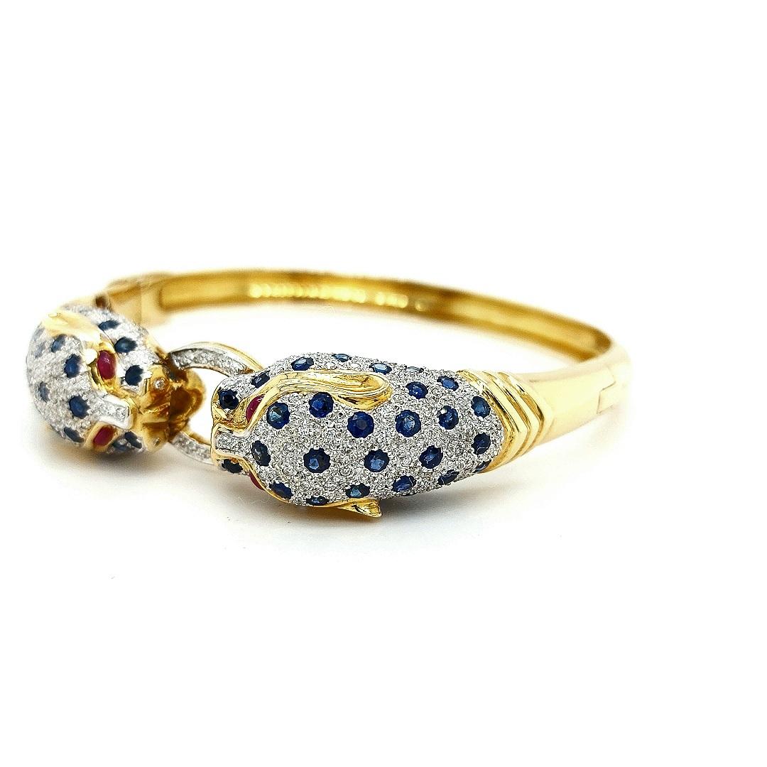18kt Yellow Gold Leopard Bracelet/Bangle with Diamonds, Sapphires, Rubies 5