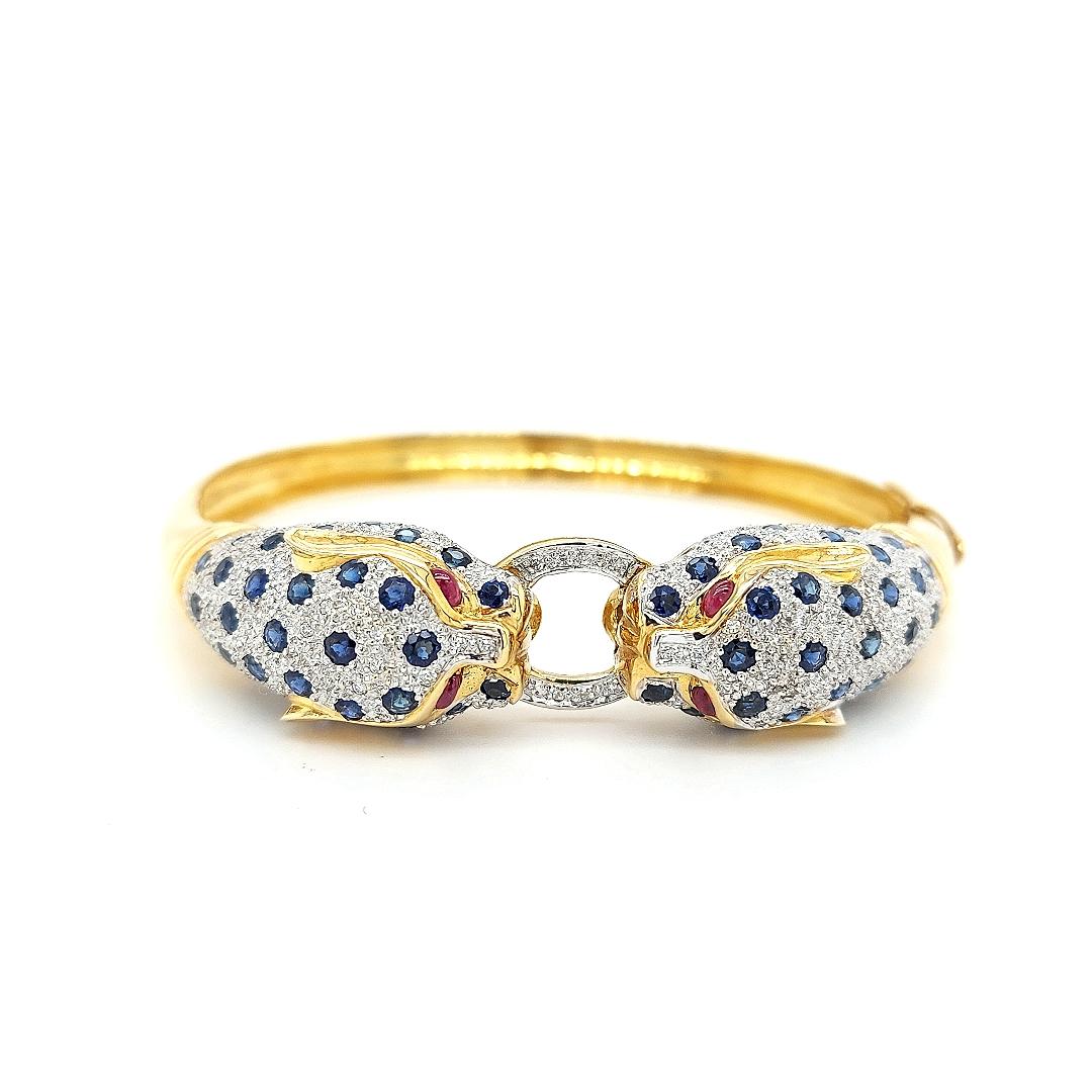 18kt Yellow Gold Leopard Bracelet/Bangle with Diamonds, Sapphires, Rubies 6