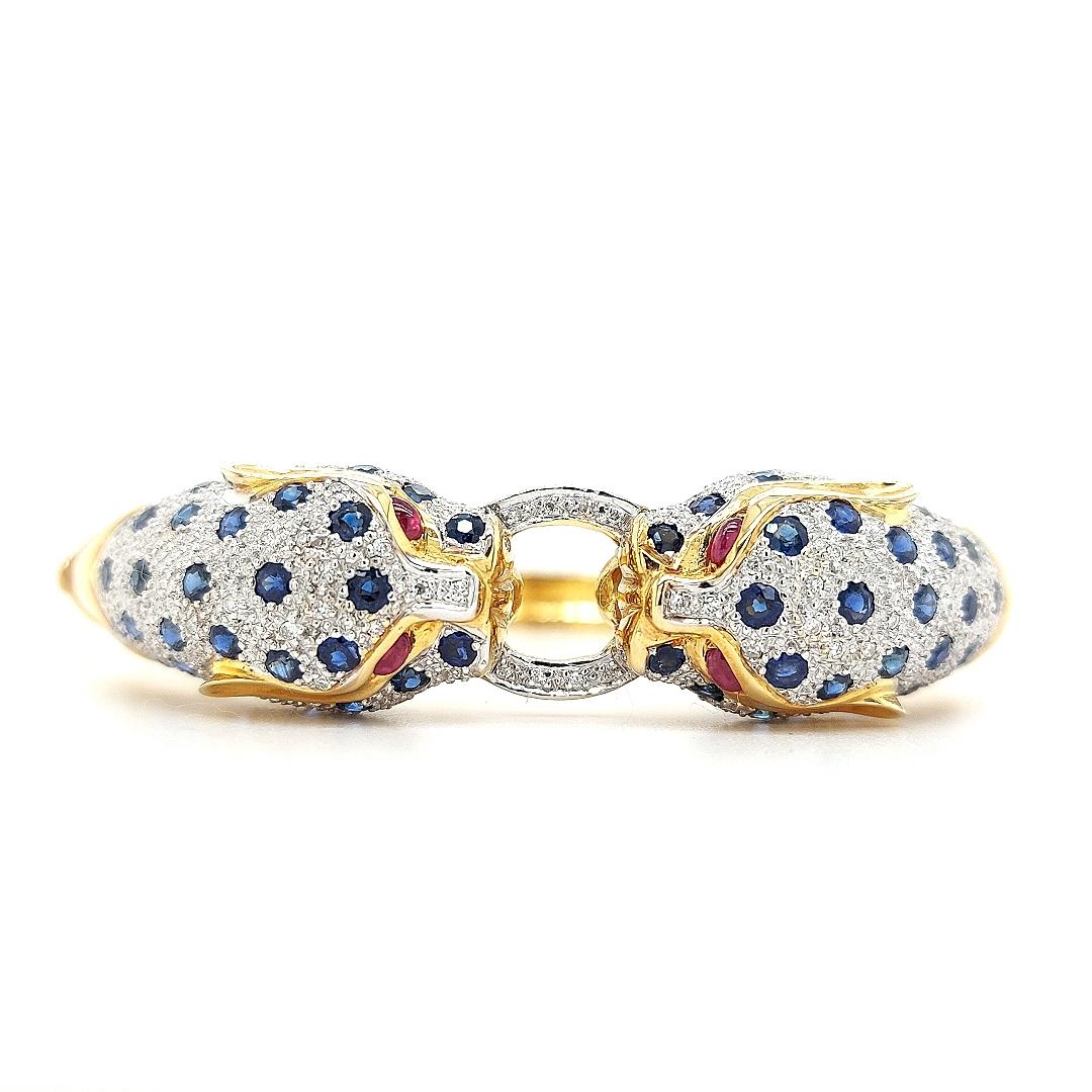 Brilliant Cut 18kt Yellow Gold Leopard Bracelet/Bangle with Diamonds, Sapphires, Rubies