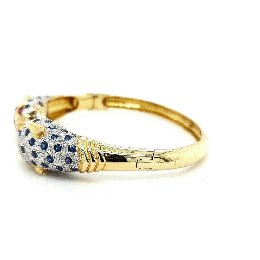 Women's or Men's 18kt Yellow Gold Leopard Bracelet/Bangle with Diamonds, Sapphires, Rubies