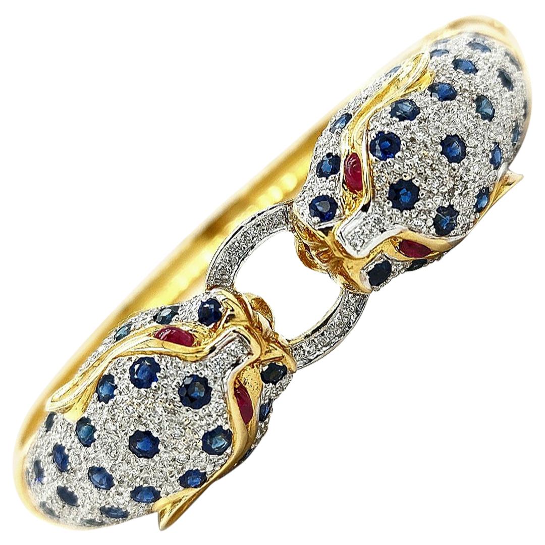 18kt Yellow Gold Leopard Bracelet/Bangle with Diamonds, Sapphires, Rubies