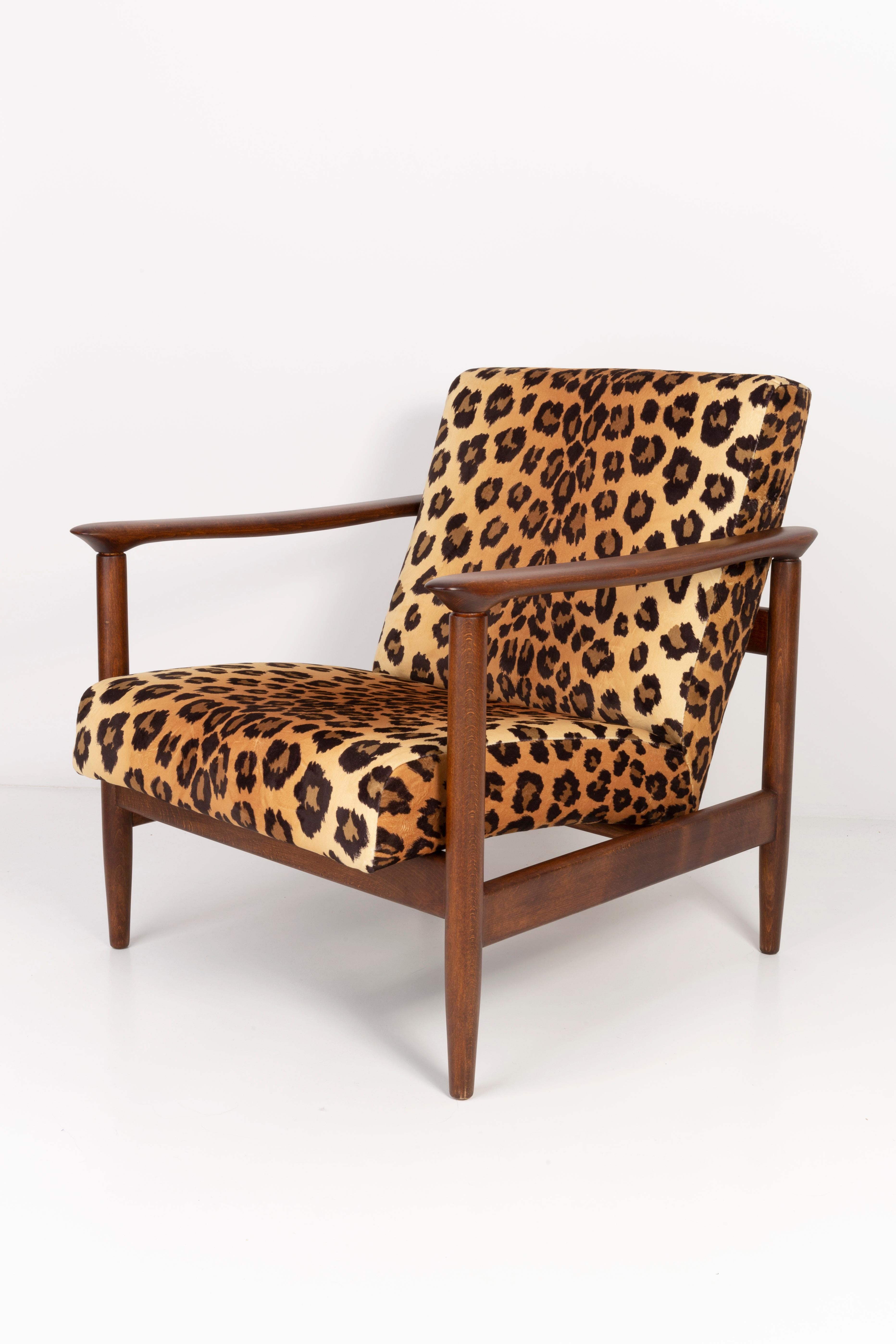 Leopard-Sessel aus Samt, Hollywood Regency, Dunkelholz, Edmund Homa, Polen, 1960er Jahre (Moderne der Mitte des Jahrhunderts) im Angebot