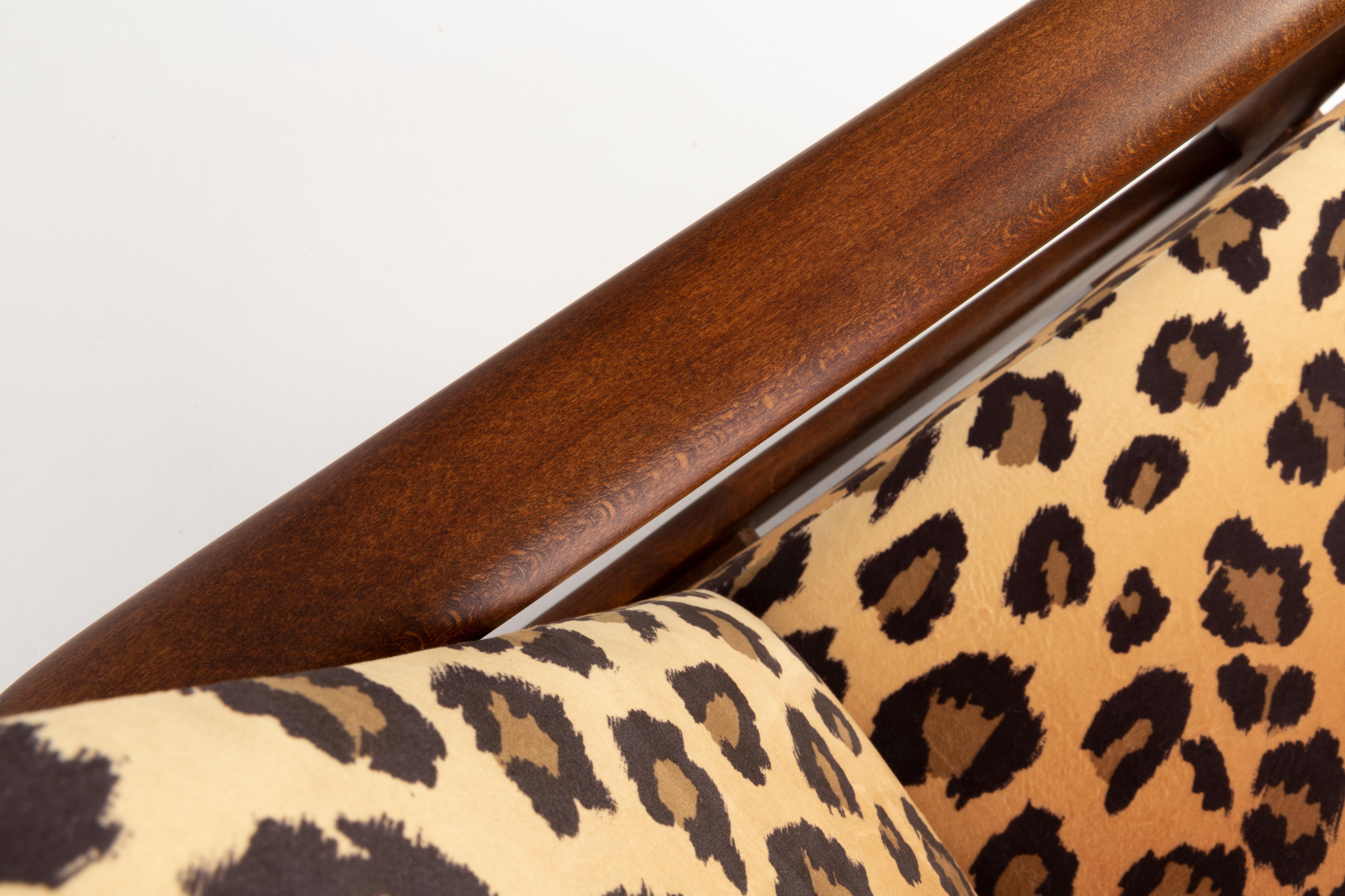 Hand-Crafted Leopard Velvet Armchair, Hollywood Regency, Dark Wood, Edmund Homa, 1960s Poland For Sale