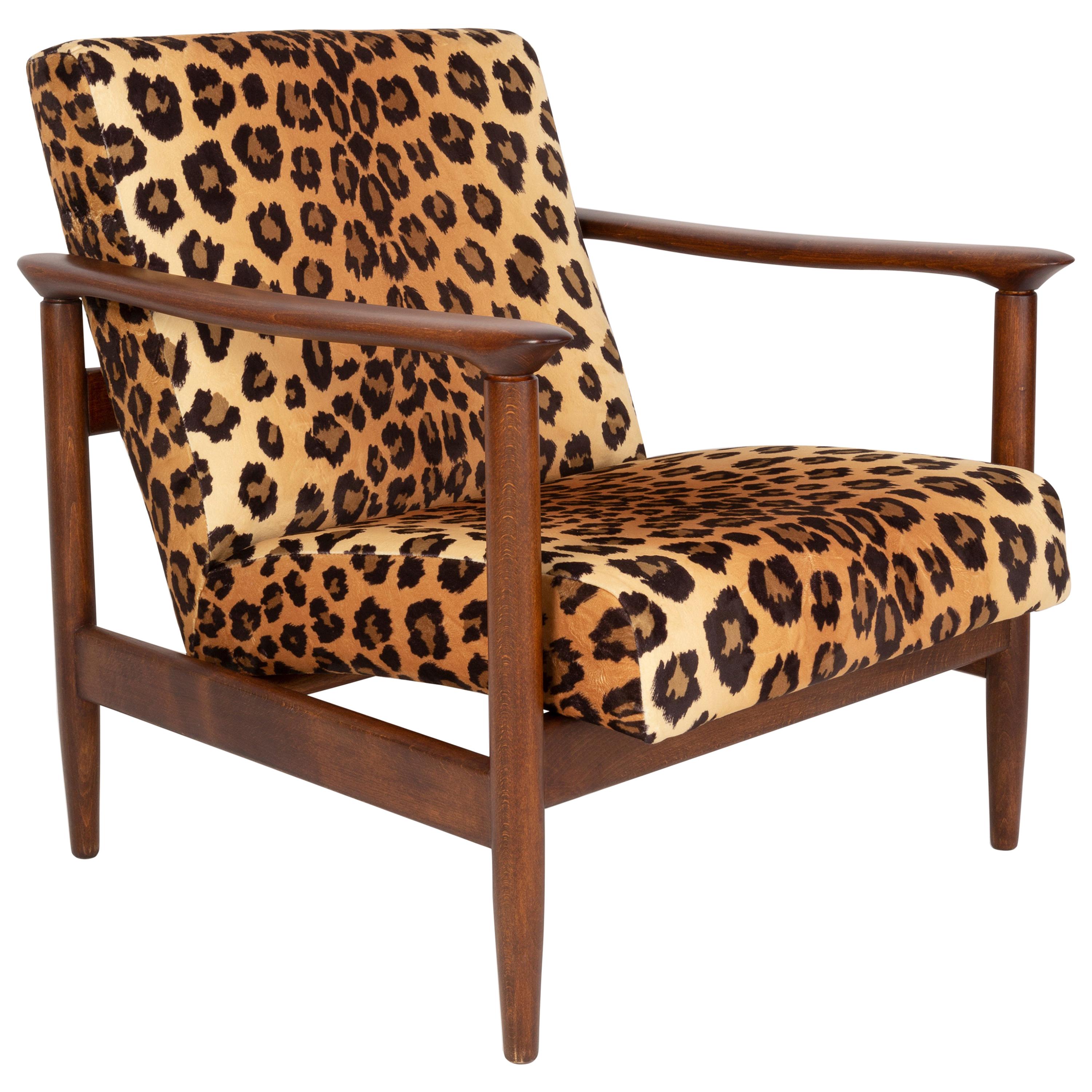 Leopard Velvet Armchair, Hollywood Regency, Dark Wood, Edmund Homa, 1960s Poland