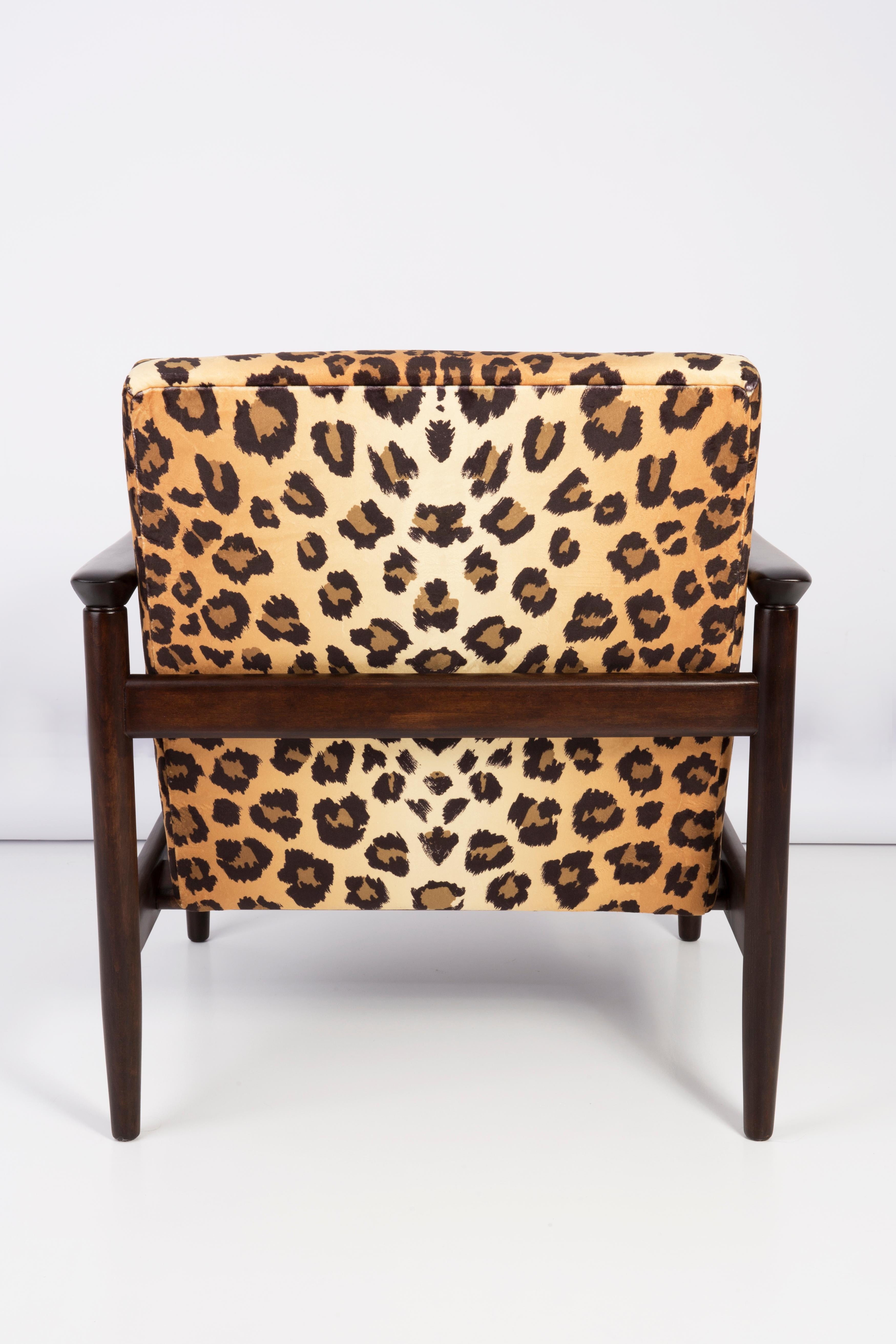 20th Century Leopard Velvet Armchair, Hollywood Regency, Dark Wood, Edmund Homa, 1960s Poland For Sale