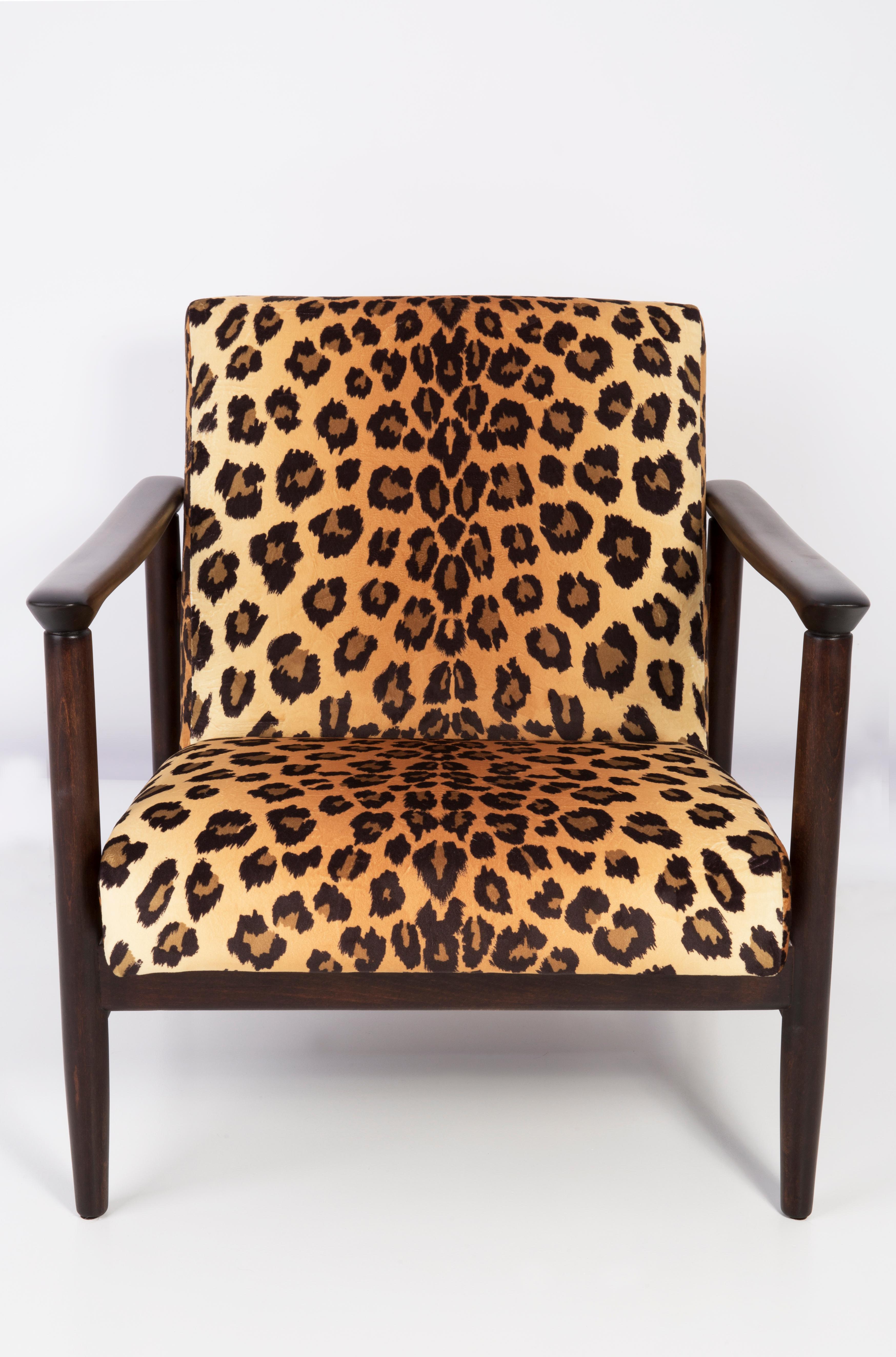 Polish Leopard Velvet Armchair, Hollywood Regency, Dark Wood, Edmund Homa, 1960s Poland For Sale